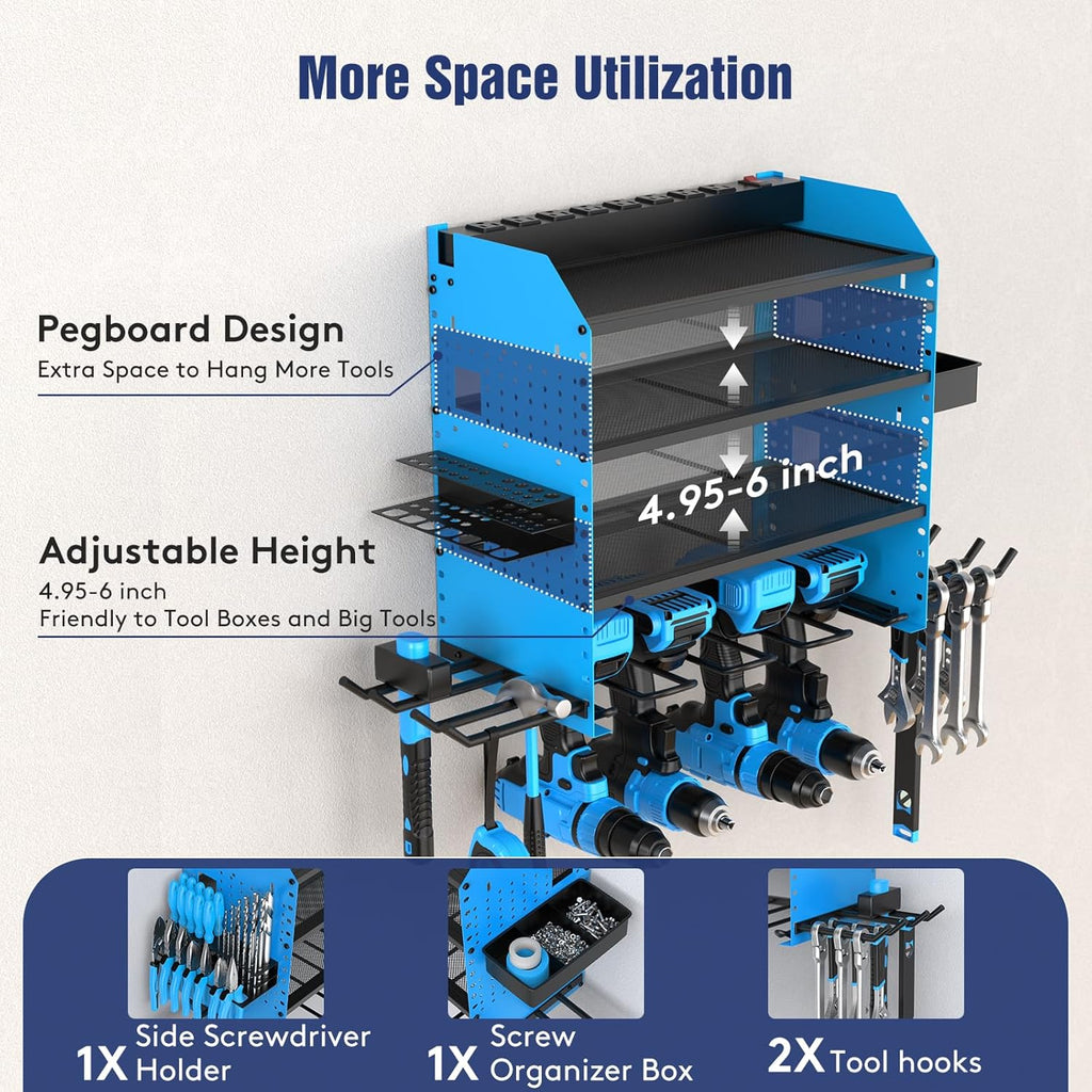 Heavy Duty Power Tool Organizer Wall Mount with Charging Station, 4 Layer Garage Storage Adjustable Shelves Height, Holds 4 Drills, 2 Hooks, Screw & Screwdriver box, Gifts for Fathers Day, Anniversary
