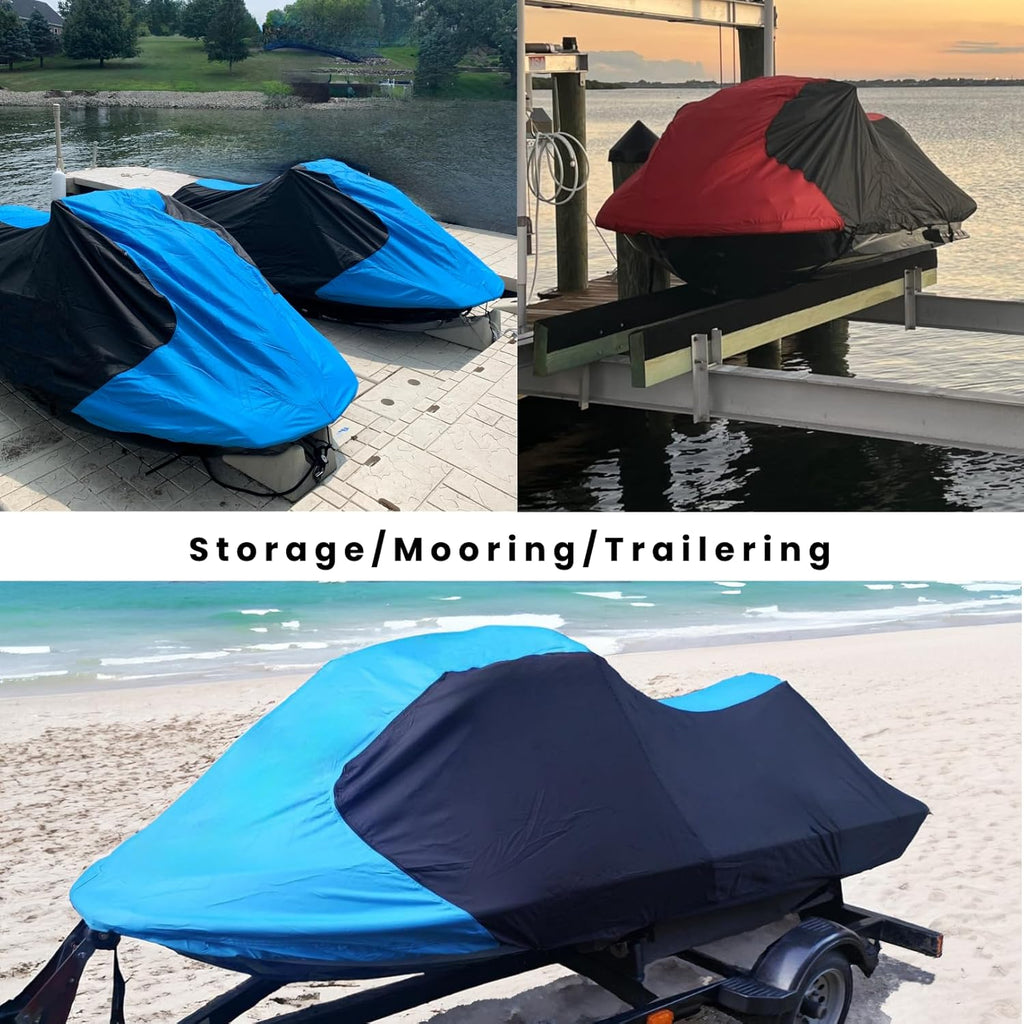 Trailerable Jet Ski Cover, Waterproof Marine Grade 600D Heavy Duty Polyester PWC Cover Blue/Black Color Fits from 103"-115" 1 or 2 Seater