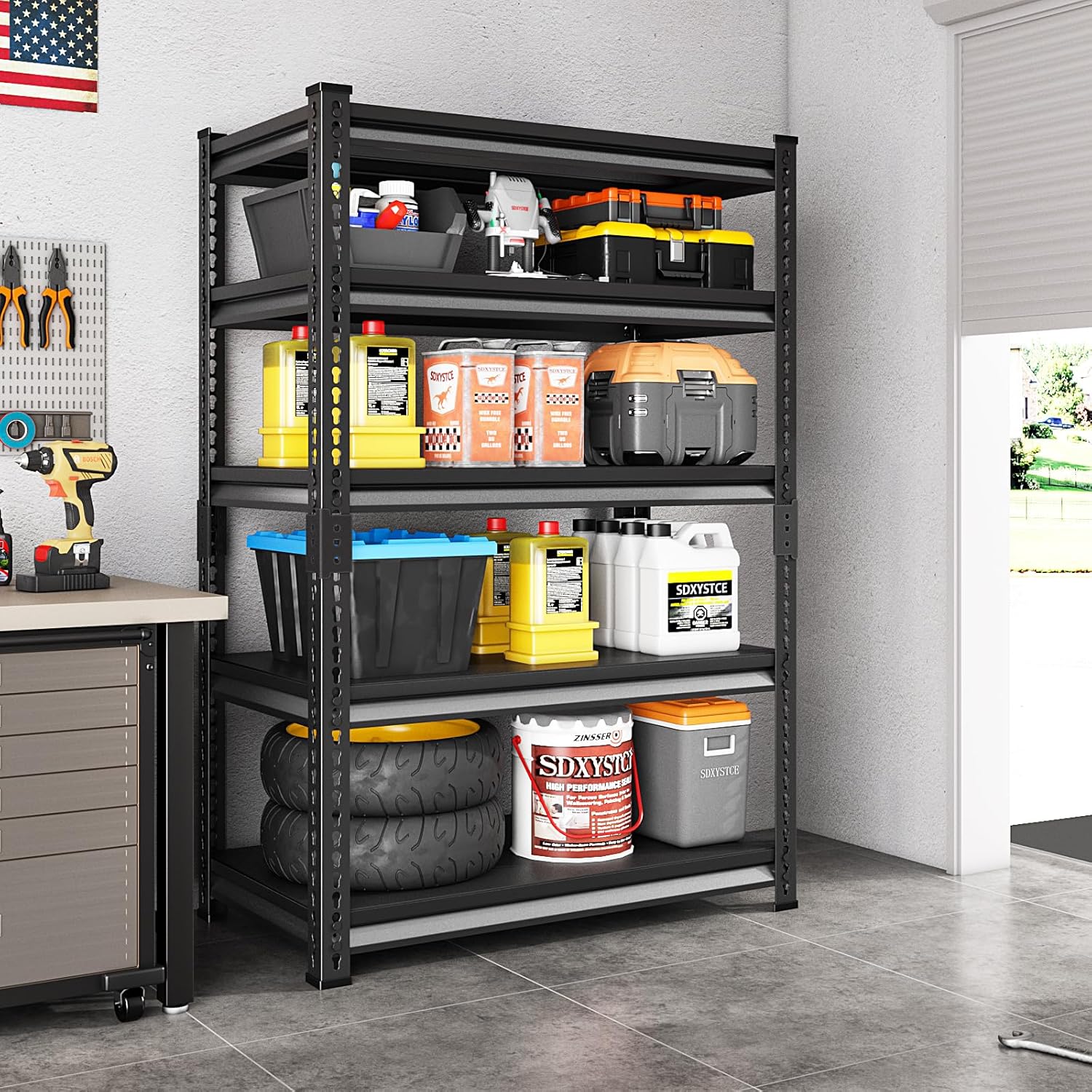 40" W Garage Shelving Heavy Duty, 2200 Lbs Loads Garage Storage Shelves Heavy Duty, 5-Tier Metal Shelving Units and Storage for Basement, Retiple Tanks,40" Wx18 Dx72 H, Black