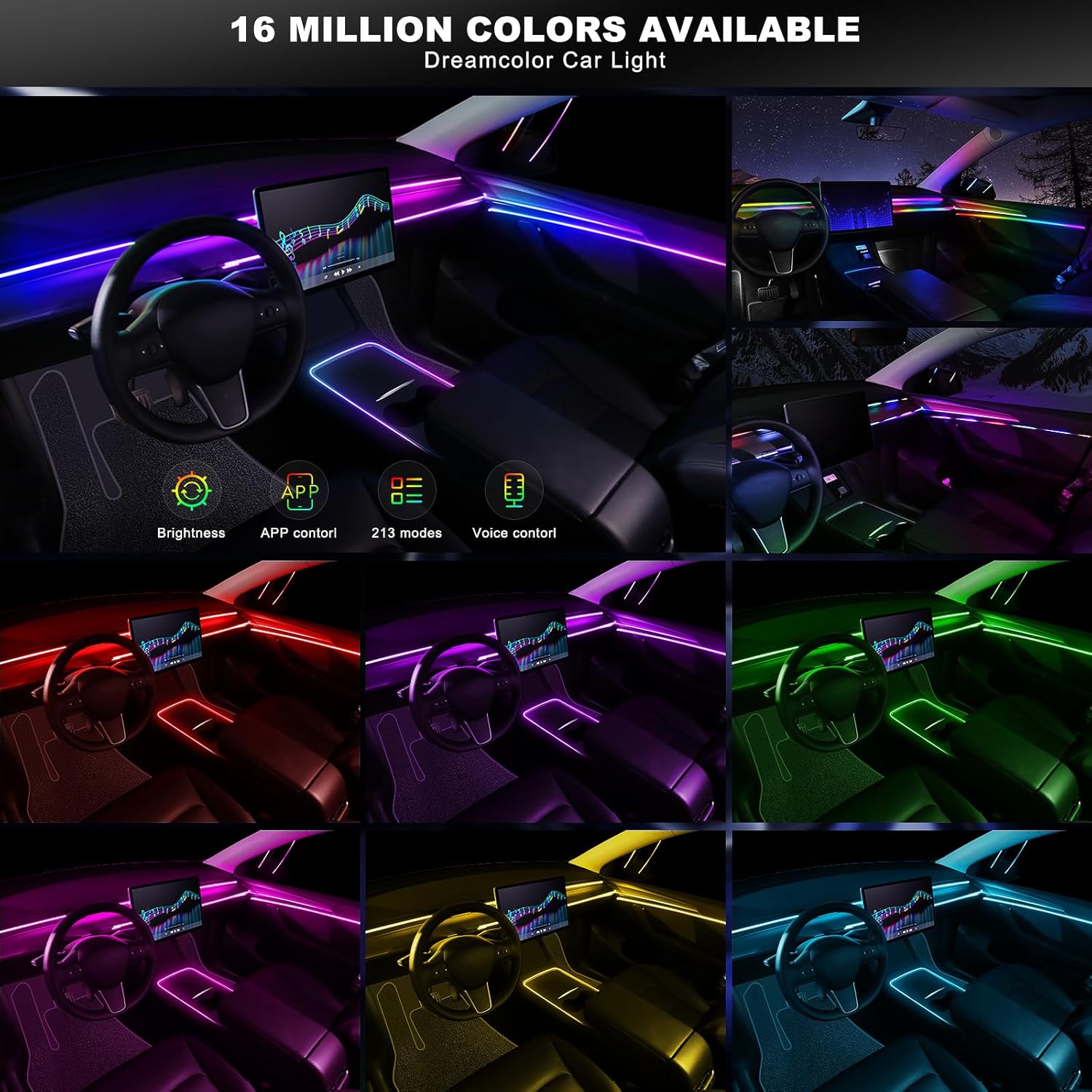 Dreamcolor Acrylic Interior Car LED Strip Light with Wireless APP, RGB 6 in 1 with 175 inches 612 LEDs Fiber Optic Car Ambient Lighting Kits, Dynamic Chasing Music Sync Neon LED Strip Lights for Car