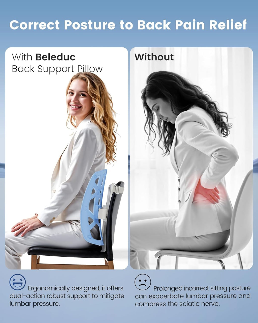 Back Support for Office Chair - Ergonomic Lumbar Support Pillow for Car, Adjustable Height, Improves Posture, Back Cushion with Straps for Home, Office, Car Seat