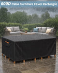 Outdoor Waterproof Furniture Cover, 136W x 74L x 28H inches Heavy Duty 600D Rectangular Table and Chair Set Protection, Black