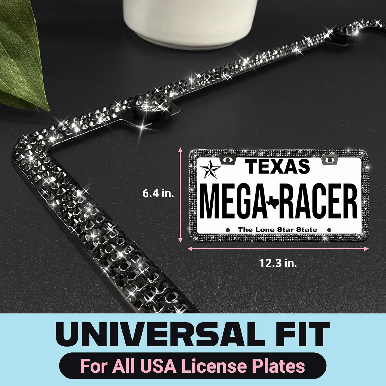 Elegant Bling License Plate Frames for Women - 2 Pack, 1600 Premium Black Rhinestones, Rust-Free Stainless Steel, Street Legal Slim Design, Sparkly Diamond Car Tag Holders with Glitter Crystal Covers