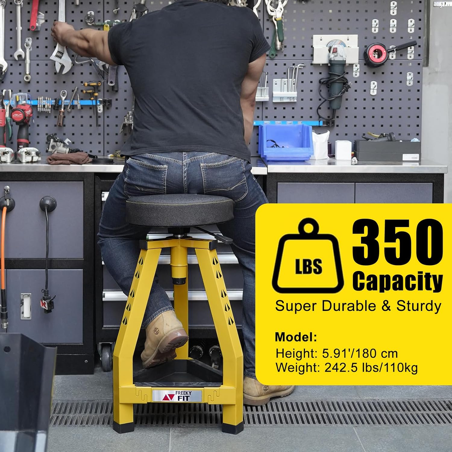 Adjustable Tall Shop Stool, Mechanic Garage Bar Stool Chair, Work Metal Chair for Workshop,360° Swivel Padded Seat, Tool Tray Storage, 350 LBS Capacity, Heavy Duty, Yellow