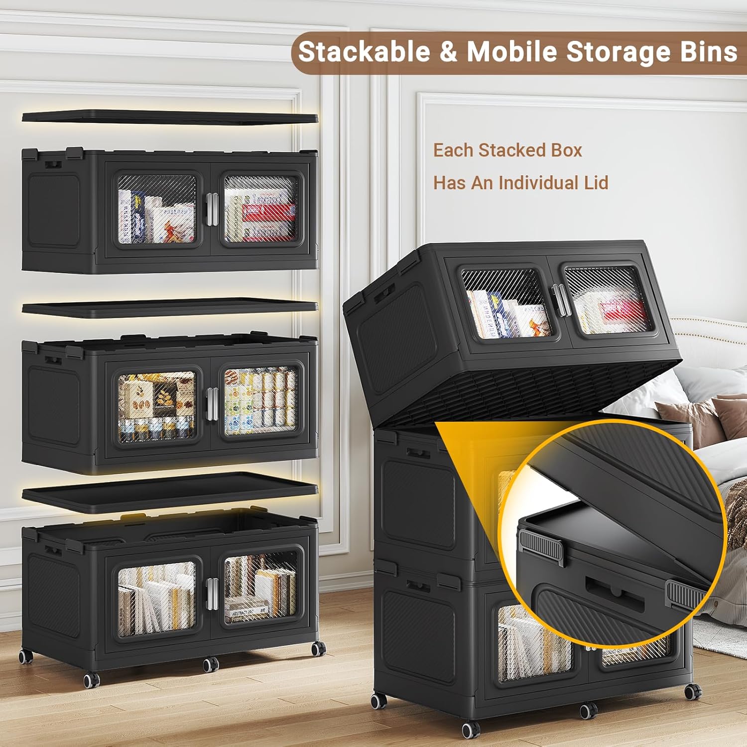 660 Qt Stackable Storage Bin with Lids, 165Gal Extra Large Collapsible Storage Boxes, Folding Plastic Drawer, Heavy-Duty Store Cabinet, Closet Organizer for Home Kitchen, 3 Pack Black