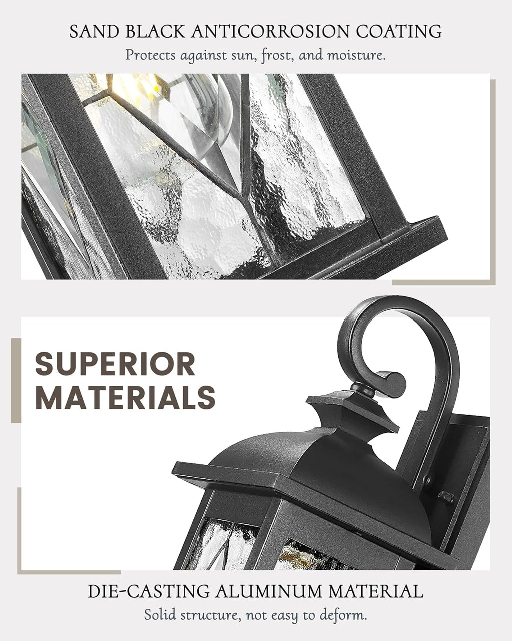 FEMILA 15" Exterior Wall Sconce, 2-Pack Outdoor Waterproof Wall Lights Fixture, Anti-Rust Matte Black Finish with Water Ripple Glass,4FD54B-2PK BK-SD