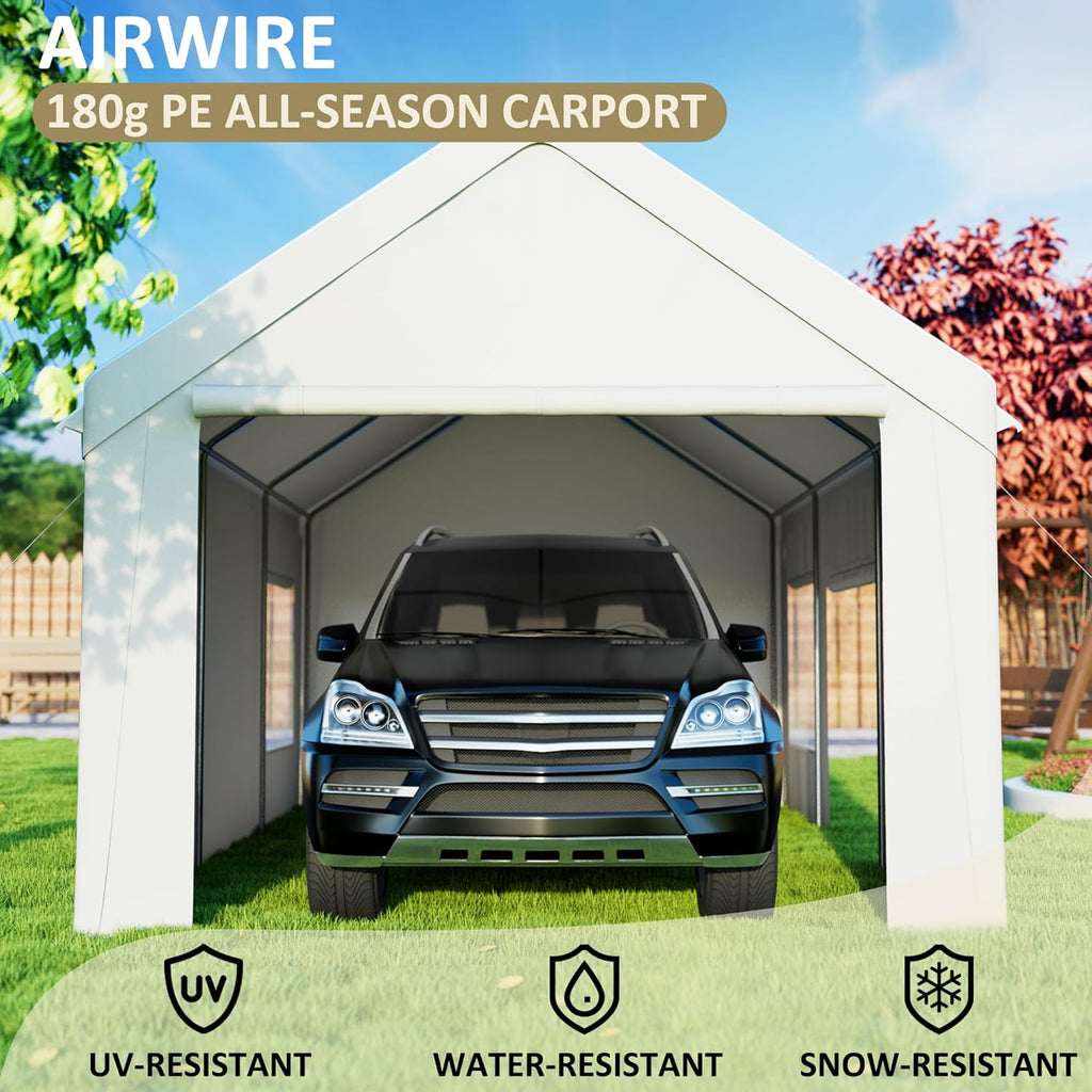 Carport 12' x 20' Heavy Duty Portable Garage, Carport Canopy with Side-Opening Door & Roll-Up Windows, Car Canopy Reinforced Four-Hole Base for Car, Truck, Boat, Party, White