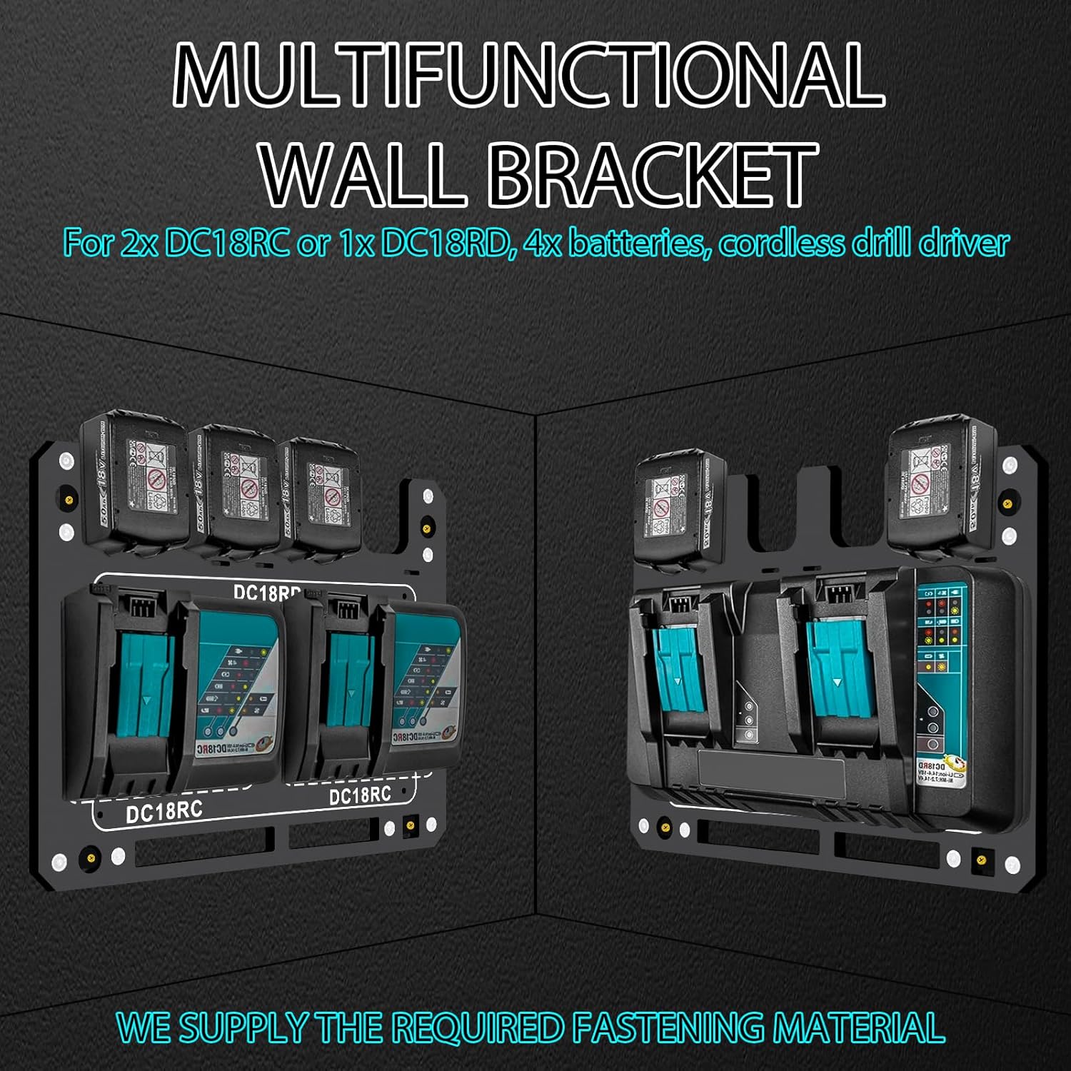Charger Mount for Makita DC18RC, DC18RD Charger, Wall Mount for Makita 4X 14.4V/18V Batteries and 2 Drilling Screwdrivers, Heavy-Duty Garage Workshop Organization