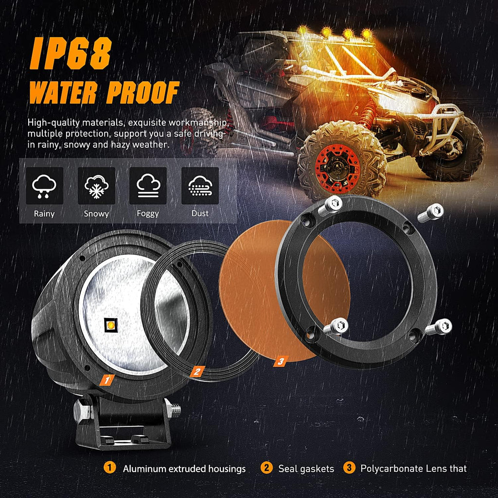 Nilight Motorcycle Led Pods Amber Fog Lights 2PCS 3Inch Yellow Round led Offroad Built-in EMC Driving Lights w/ 18AWG DT Wiring Harness Kit for Motorbike SUV ATV Truck Boat Tractor