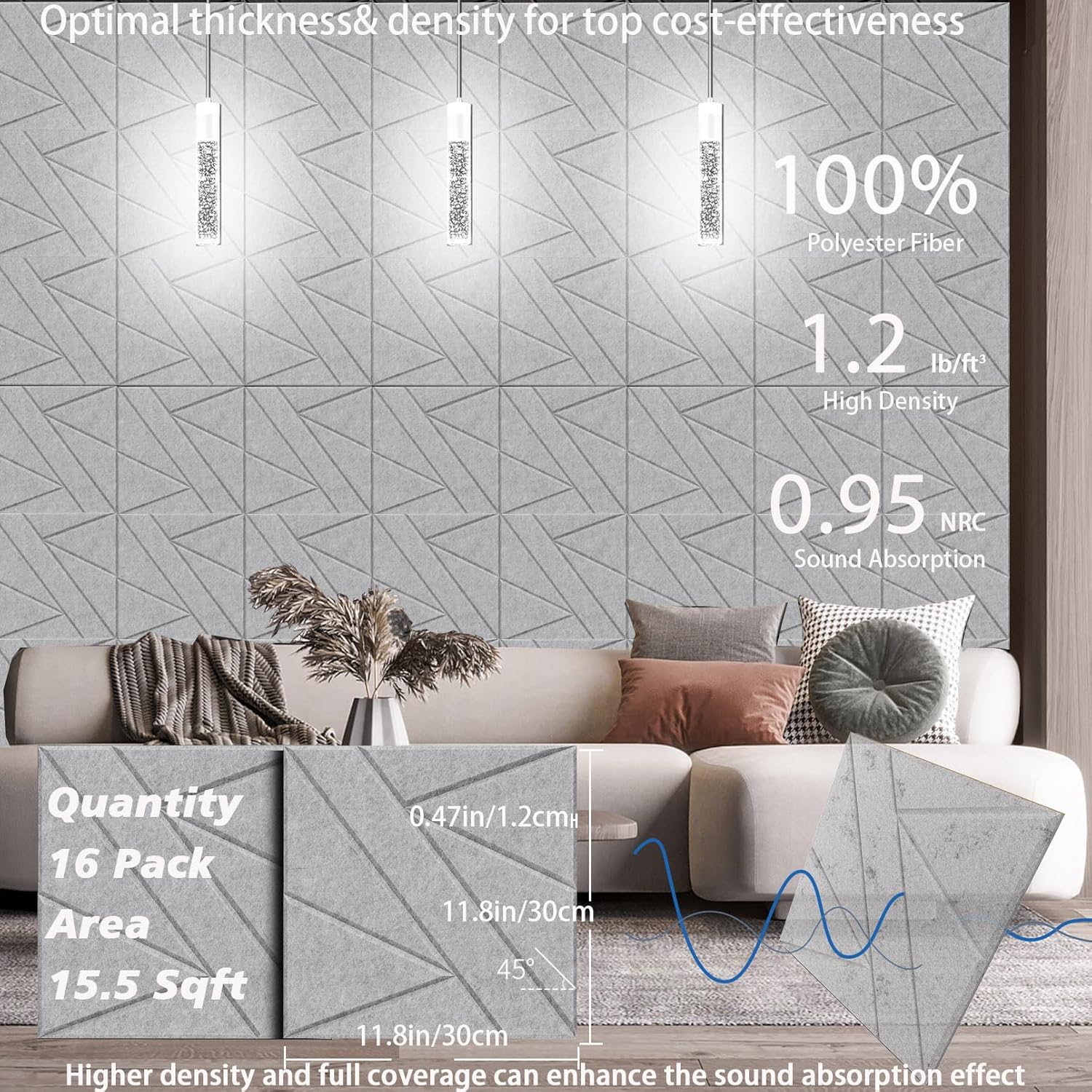 16 Pack Self-Adhesive Soundproof Wall Panels, 12 x 12 x 0.47 In Sound Proof Foam Panels for Walls, 1.2lb/ft³ High Density, Thicker 0.47in, Acoustic Panels, Noise Dampening Panels Studio Gray