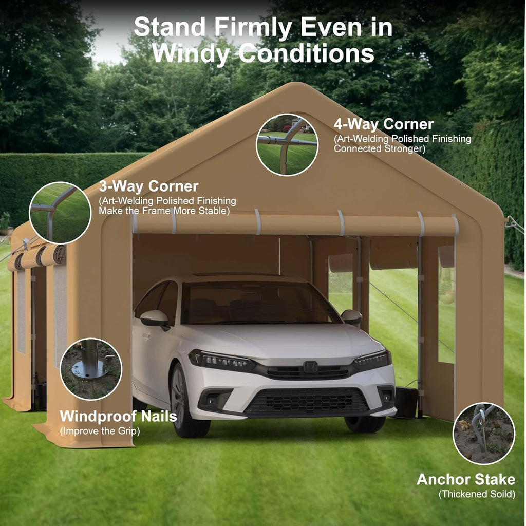 Heavy Duty Carport, Portable Garage with 4 Doors & 4 Window，Upgraded Carport with Reinforced Steel Poles, Uv Resistant All-Season Waterproof Tarp, for Car, Truck, Boat