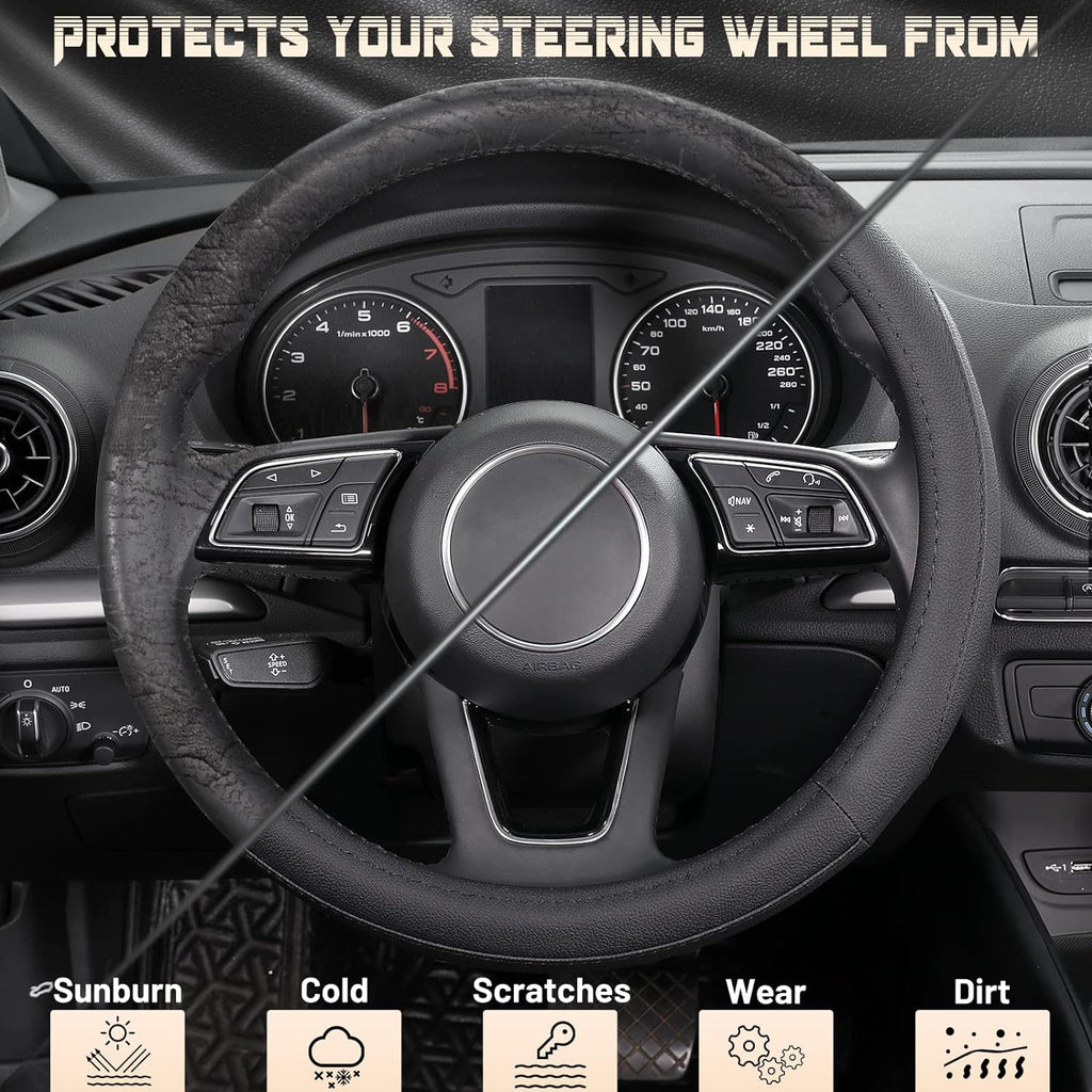 SEG Direct Car Steering Wheel Cover for Prius Civic Model 3 Model Y Camaro, Small Size 14-14.25 inch, Black Microfiber Leather