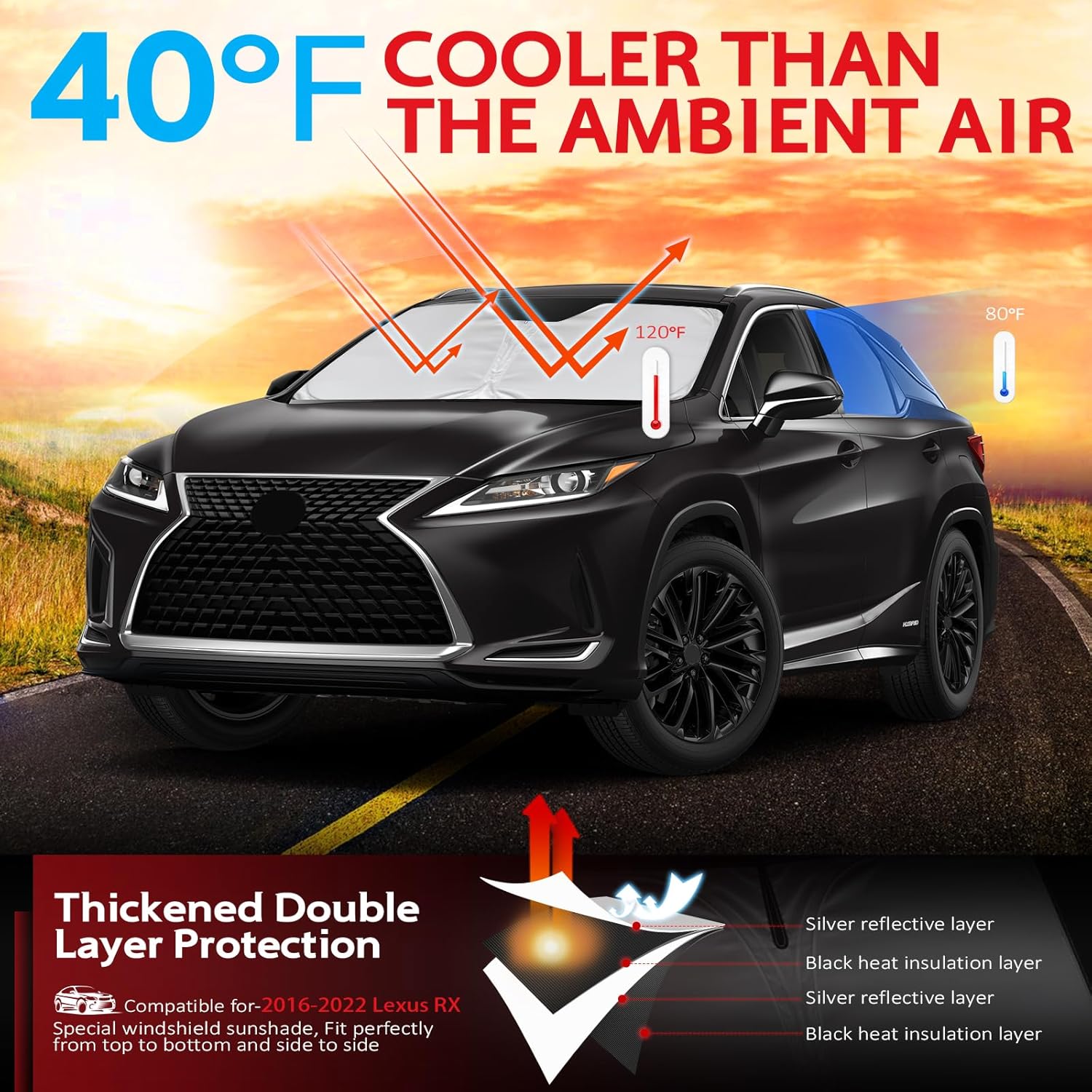 KAYZT Windshield Sun Shade for 2016-2022 Lexus RX Foldable Sunshade Front Window Custom Fit Car Accessories