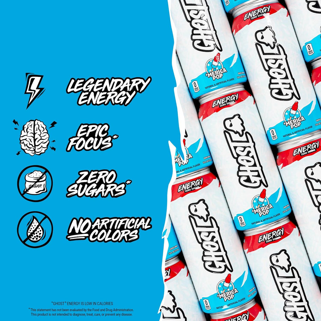 GHOST Energy Drink - 12-Pack, 'Merica Pop, 16oz Cans - Energy & Focus & No Artificial Colors - 200mg of Natural Caffeine, L-Carnitine & Taurine - Gluten-Free & Vegan