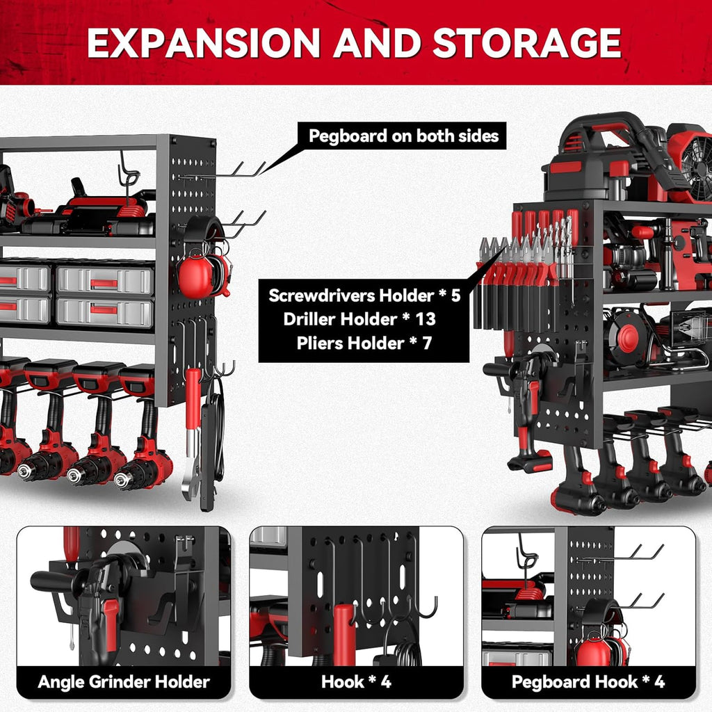Power Tool Organizer Wall Mount, Heavy Duty 4-Tier Garage Storage Rack with Hooks and Cordless Drill Holder, Utility Racks for Screwdrivers, Pliers, Hammers,AngleGrinder, Shelf for Workbench