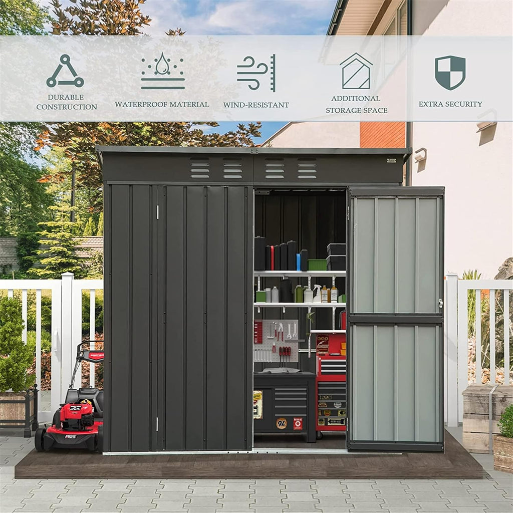 IKERY Galvanized Steel Garden Shed - 6' x 4' with Sloping Roof and Lockable Door, Metal Utility Storage Shed for Backyard Tools, Dark Gray