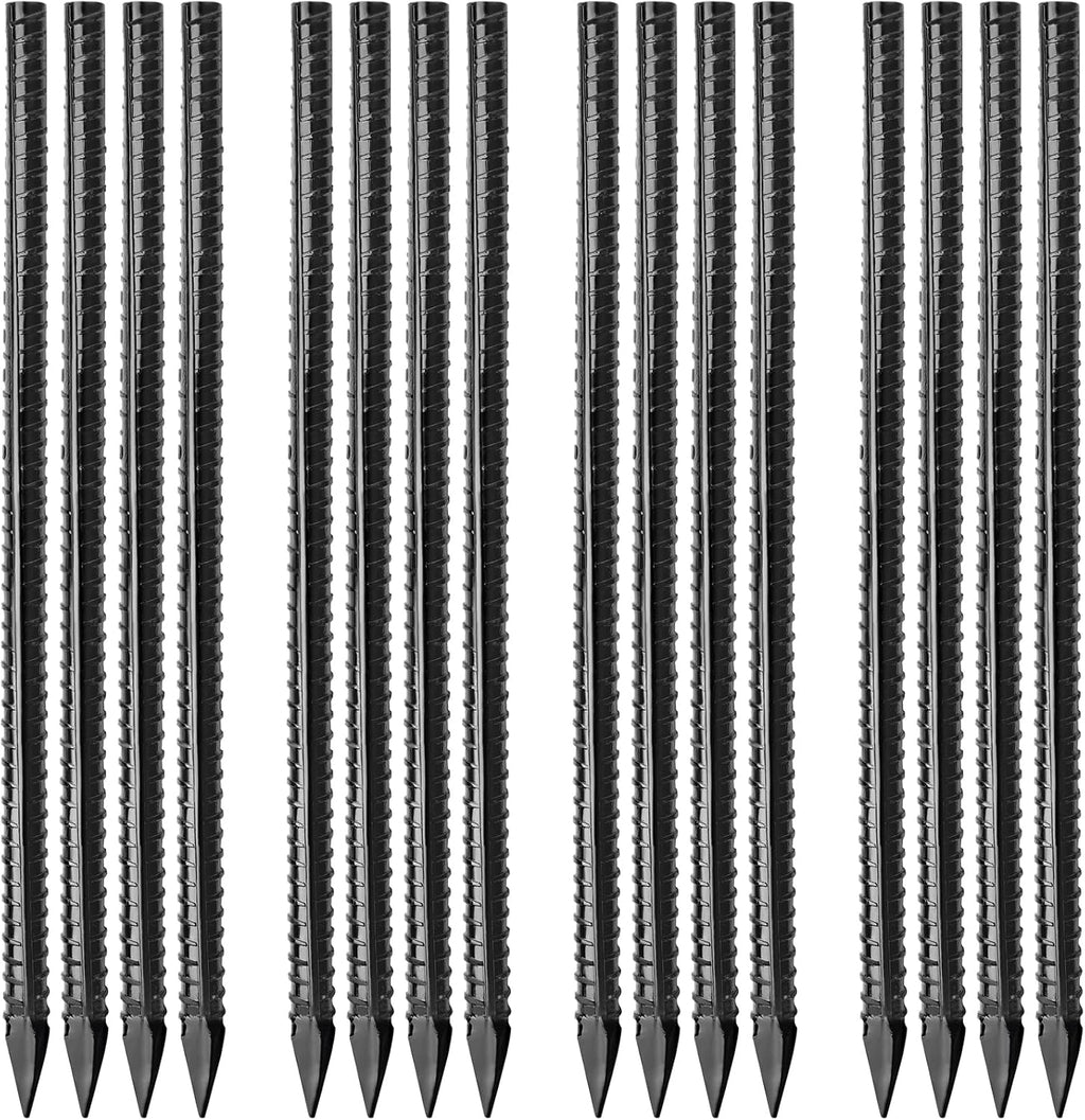 16 inches Ground Rebar Stakes (16 pcs) Heavy Duty Metal Spikes for Concrete Timber Garden Plant, Long Straight Steel Stakes for Tent, 3/8" Thickness Ground Anchors with Chisel Point End, Black