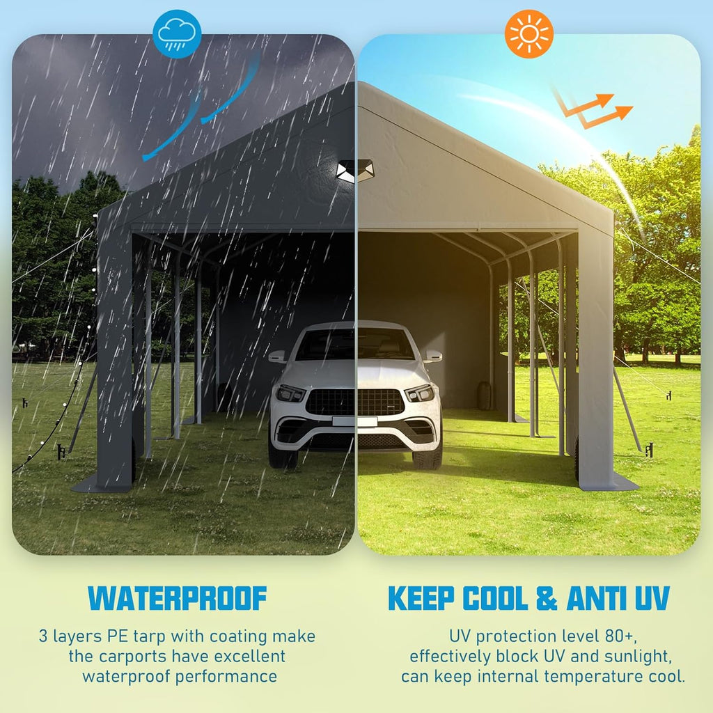 12x20 Carport, Heavy Duty Carport Canopy Garage with Removable Sidewalls and Drive Through Roll Up Zipper Doors & Side Doors, Grey