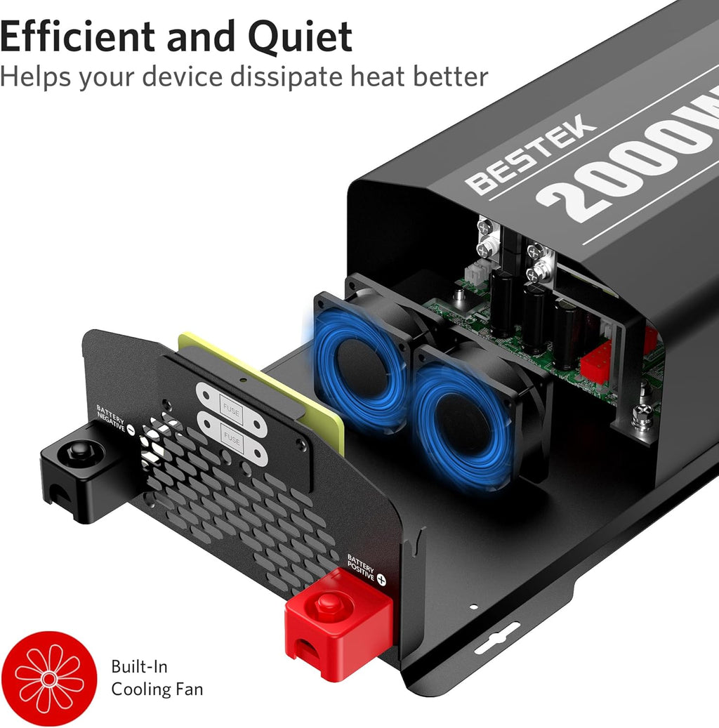 BESTEK 2000 Watt Pure Sine Wave Power Inverter, 12V DC to 110V/120V AC Inverter with 3 AC Outlets, USB & Type-C Port, Remote Controller, Off-Grid Solar Power Inverter 12V to 110V for Home, RV, Truck
