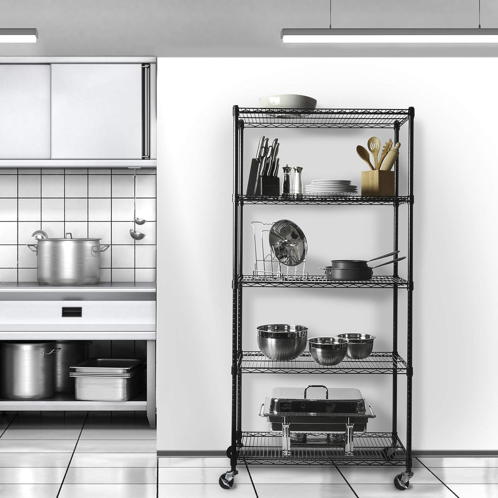 Seville Classics UltraDurable Heavy Duty NSF Solid Steel Wire Rack Storage Unit, Organizer for Garage, Warehouse, Office, Restaurant, Classroom, Kitchen, Black, 5-Tier Shelving, 36" W x 18" D