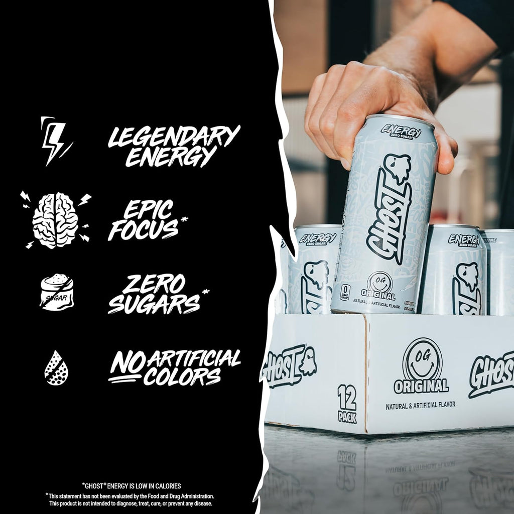GHOST Energy Drink - 12-Pack, Original, 16oz - Energy & Focus & No Artificial Colors - 200mg of Natural Caffeine, L-Carnitine & Taurine - Gluten-Free & Vegan