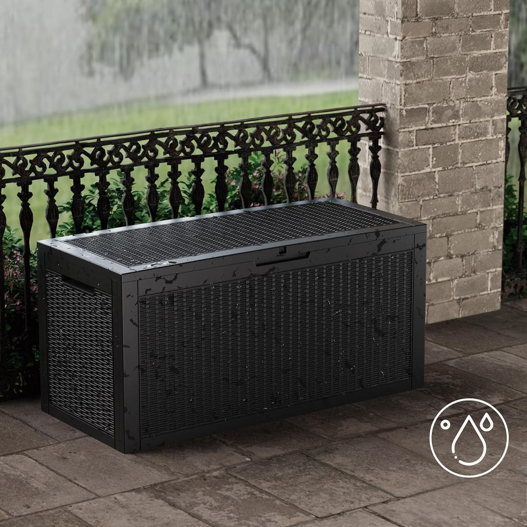 100 Gallon Resin Deck Box, Waterproof Outdoor Storage Bin for Patio Furniture, Pool Accessories, and Garden Tools, Lockable & UV-Resistant, Black