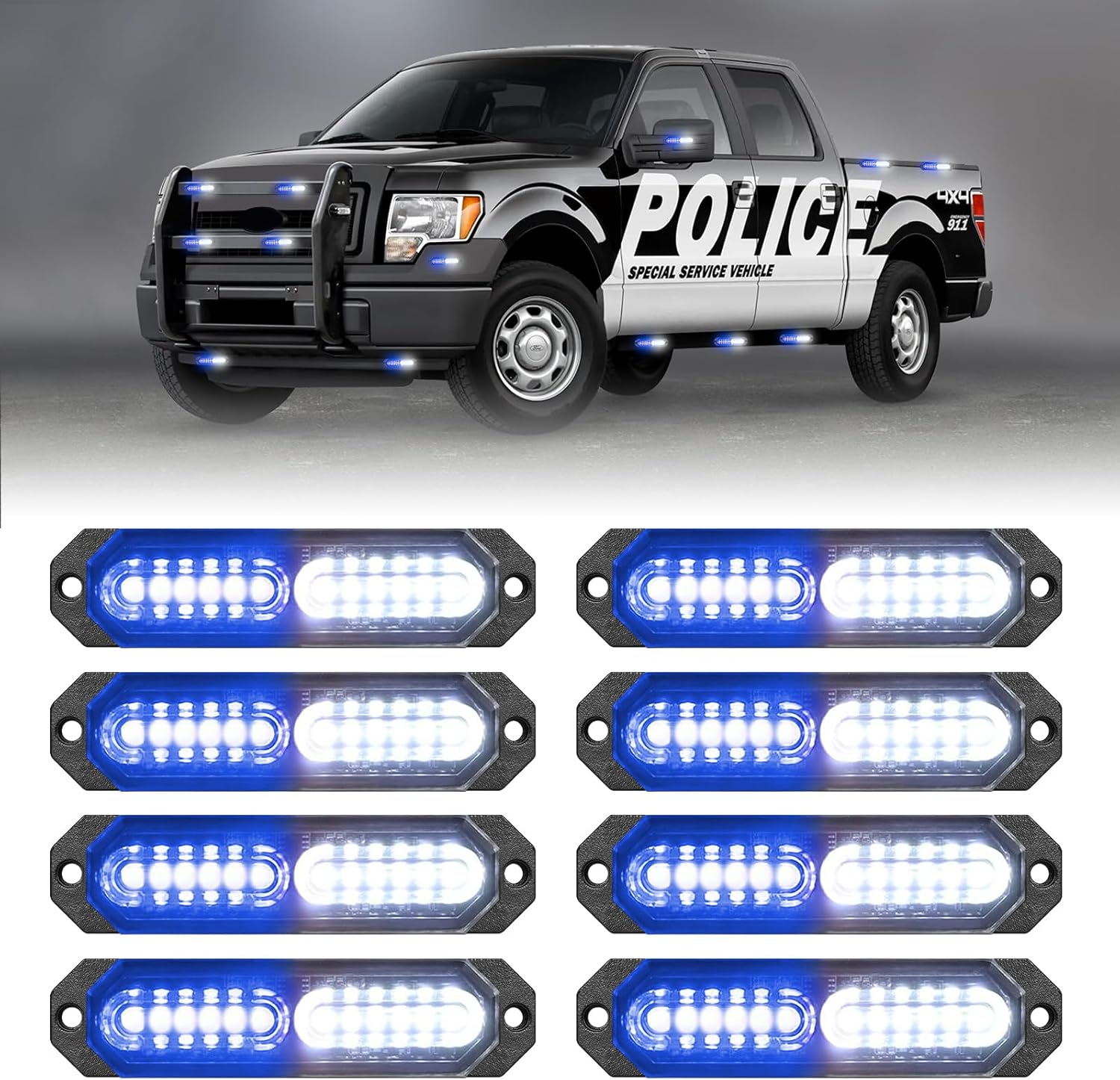 HLauto 1200T Emergency Strobe Grille Lights: 8pcs 12 LED Sync Feature Safety Warning Flashing Lights, Ultra Slim Surface Mount Hazard Caution Lights for Trucks, Vehicles, Car, ATV, UTV (Blue White)