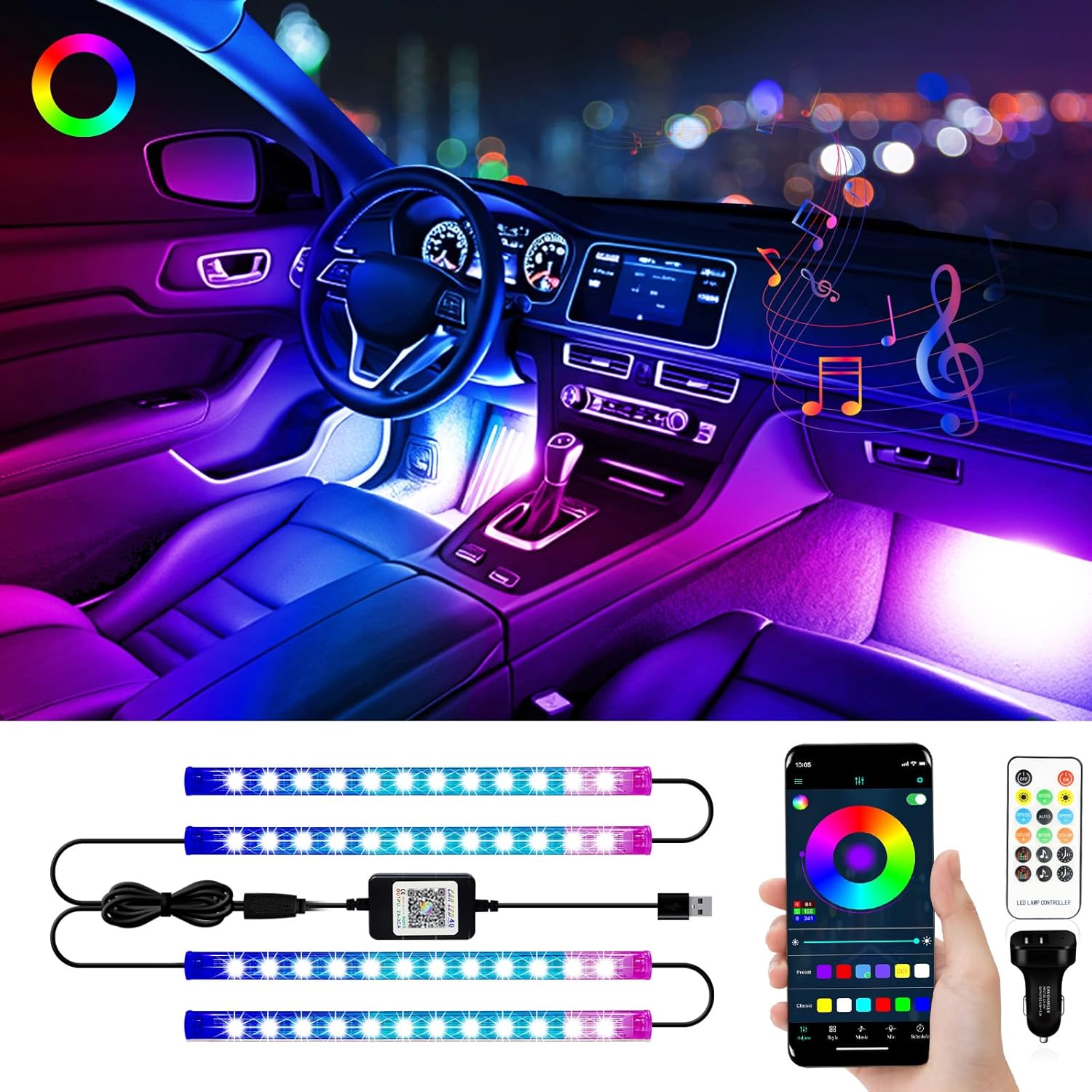 YM E-Bright RGB Car Led Strip Lights with App Control Remote Smart Interior Neon Under Dash Footwell with Car Charger USB Powered DIY Mode Music Sync Multicolor Change 2 Lines Design