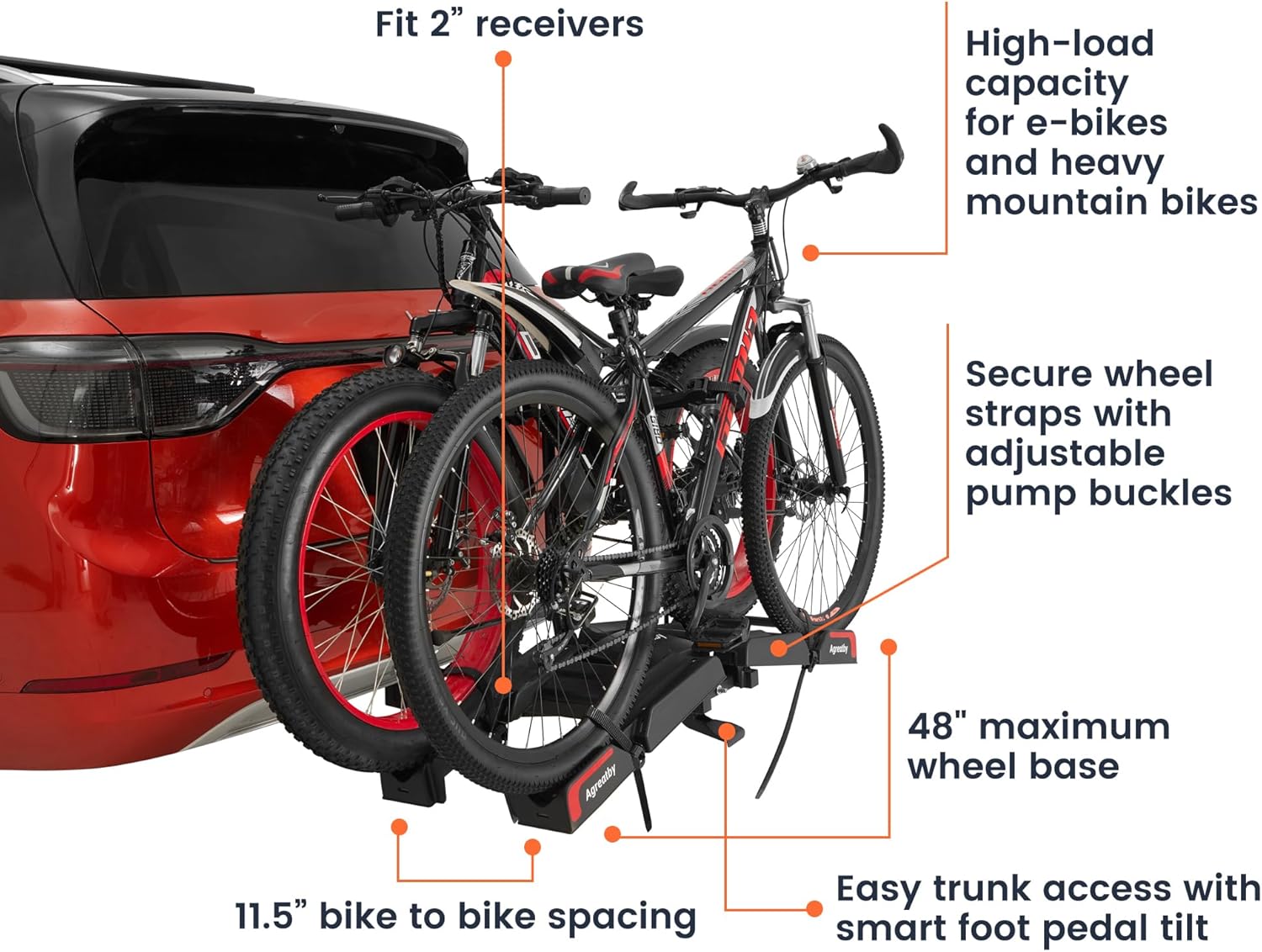 2-Bike Hitch Bike Rack with Ramp - 200 LBS Capacity Fat Tire Ebike Rack, XXL Wheel Straps, Lockable, Foldable & Tiltable - Fits 2" Receivers on Cars, SUVs, Trucks, Trailers - No Installation Needed
