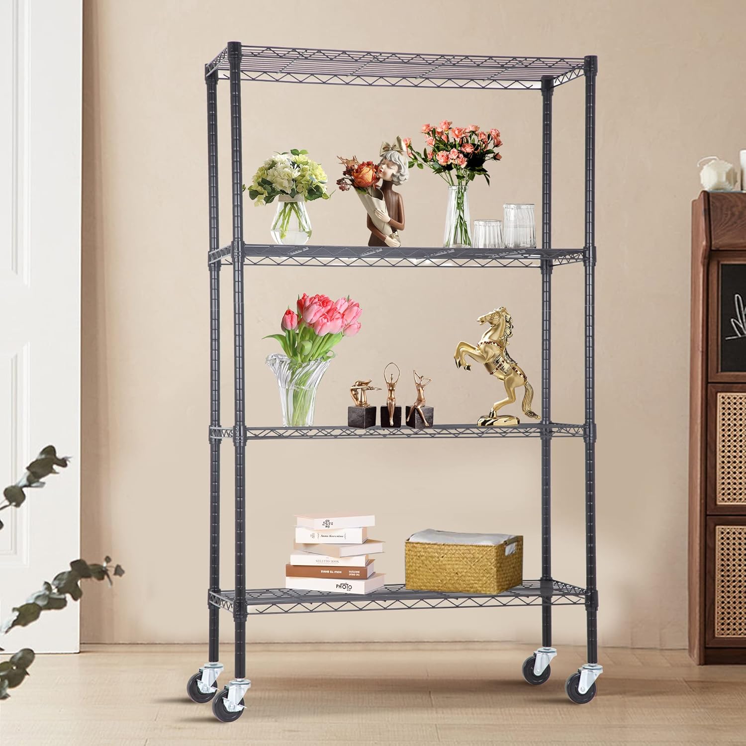 4-Tier Adjustable NSF-Certified Metal Shelf 36L x 14W x 62H Wire Shelving Unit Storage with Wheel for Small Places Restaurant Garage Pantry Kitchen Garage Rack,Black