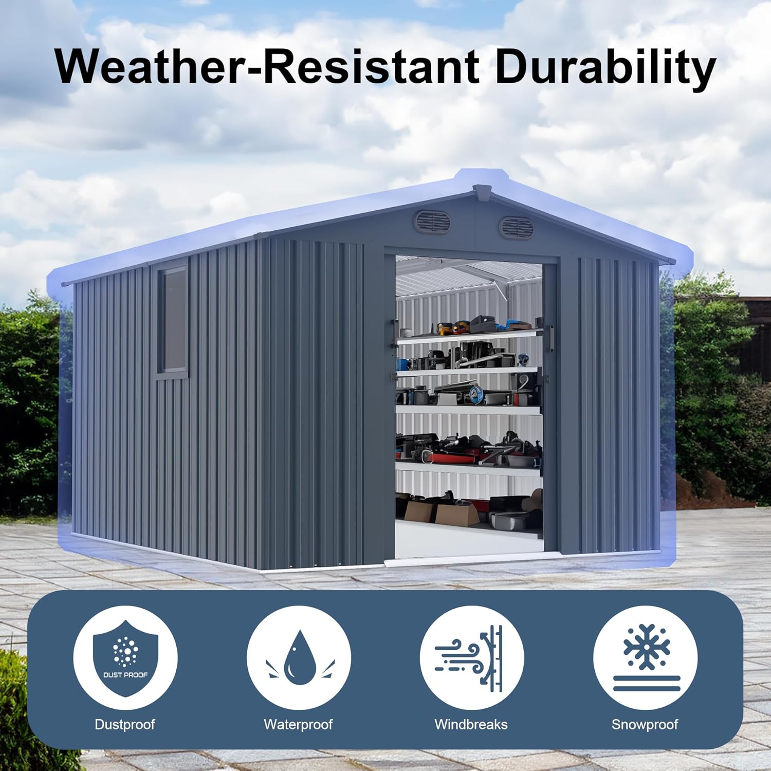 LANTRO JS 10x8FT Metal Outdoor Storage Shed, Garden Tool Shed Without Floor, Garage Shed with Window and Lockable Doors, for Garden Bike Lawnmower