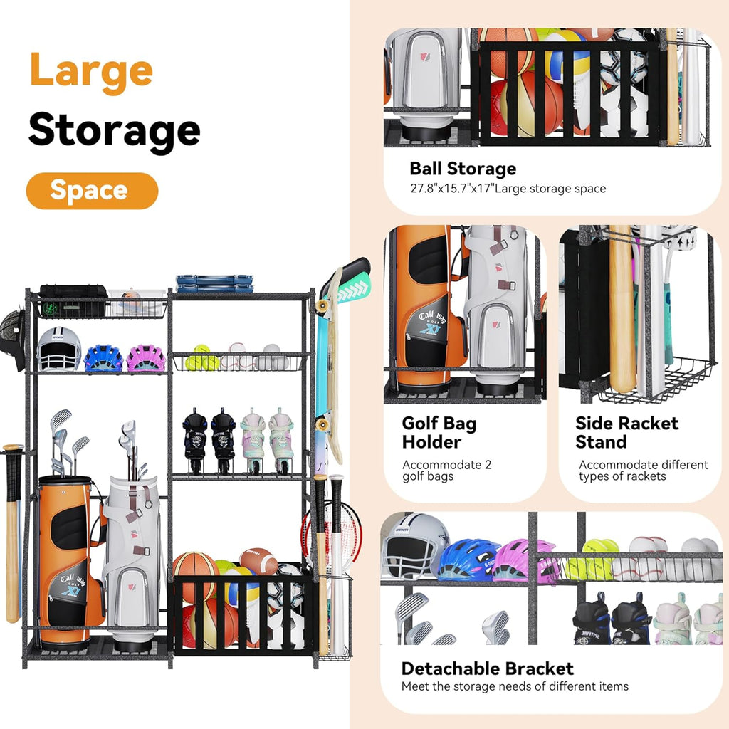 HOMREST Sports Equipment Storage,2 Golf Bag Storage Stand, Ball Holder, Garage Sports Organizer with Basket and Hooks, Sports Ball Storage for Toy Sports Gear Storage, Black