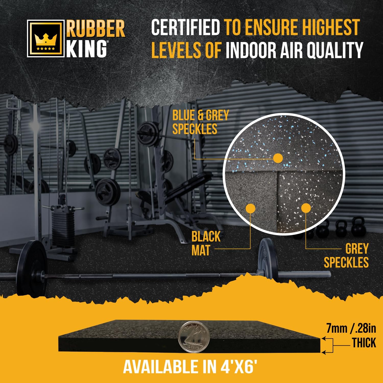 Rubber King Multi-Purpose Exercise Mat - 100% Recycled Thick Rubber Mat for Home Gym Flooring, Non-Slip, Low-Odor Durable Workout Mat for Indoor/Outdoor, Shoe-Friendly