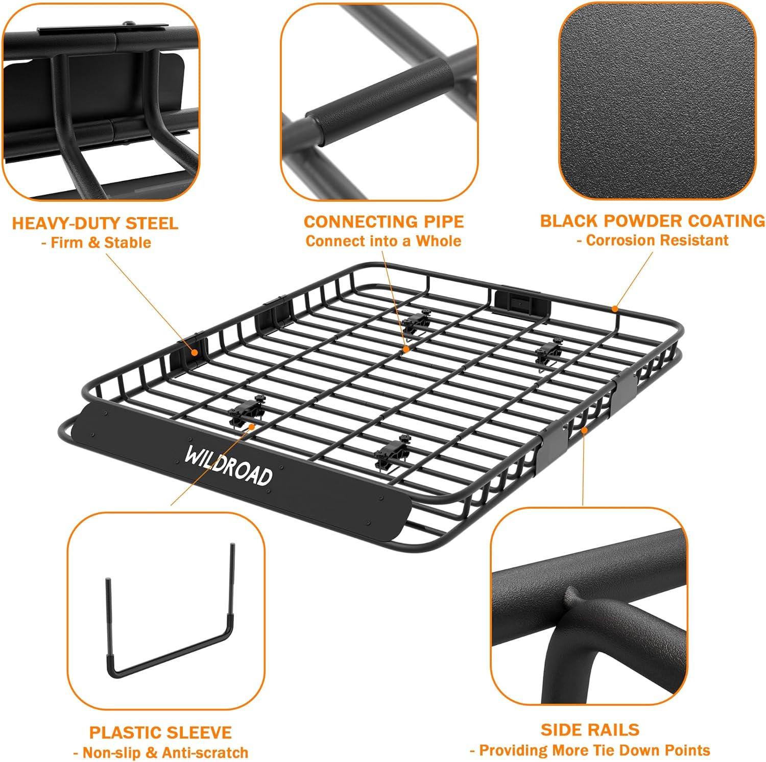 Wildroad Roof Rack Cargo Basket, Upgraded 4” Fence Wide Car Roof Basket Combo, 64"x 50"x 4" Universal Roof Cargo Carrier Basket with Cargo Bag, Cargo Net and Ratchet Straps Fits for SUV Truck Cars
