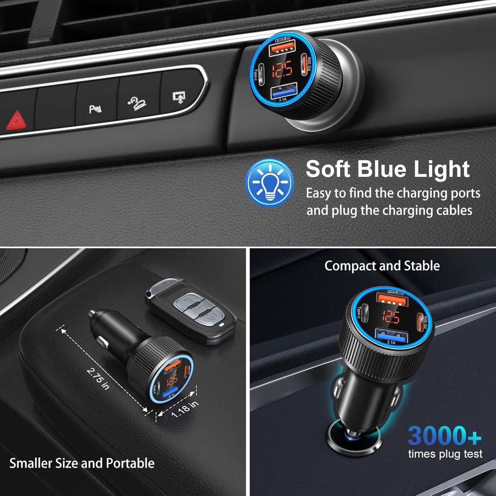 5 Pack USB C Car Charger, 4-Port 65W Car Power Adapter with Voltmeter QC+PD 3.0 Fast Charging Cigarette Lighter USB Charger for iPhone 16/15/14/13/12 Pro Max,Galaxy S25/S24,Android(Black)