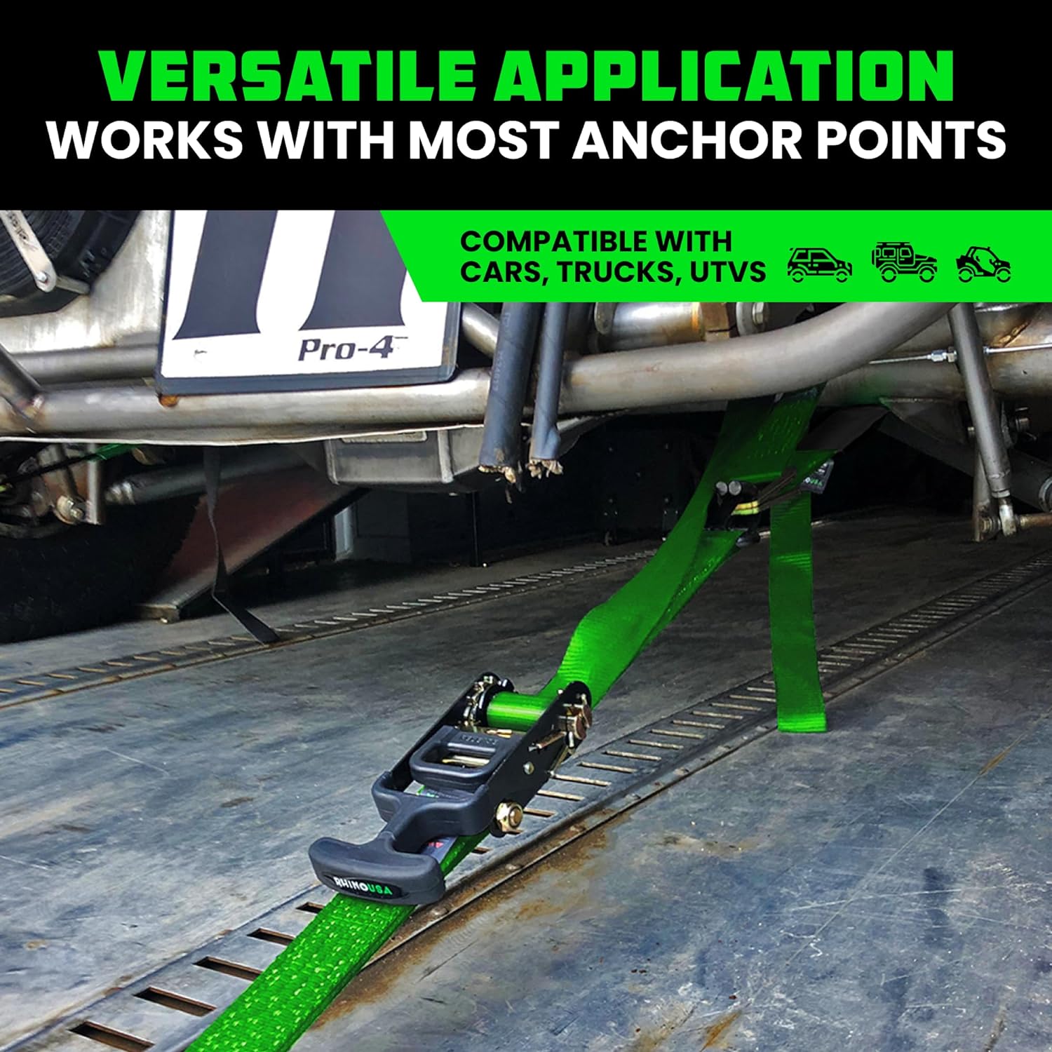 Rhino USA Car Tie Down Straps for Trailers with J Hooks (4-Pack) – 2" x8' (10,000lb Break Strength) – Heavy Duty Car Hauler Tire Straps with Axle Straps for UTV, Powersports & More – Green