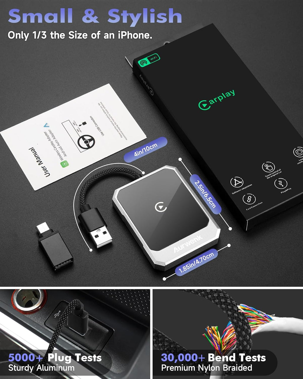 Wireless CarPlay Adapter for iPhone - Plug & Play Wired to Wireless Apple CarPlay Adapter, Fast Auto Connect, Stable & No Delay, Mini Wireless CarPlay Dongle for Cars from 2016 and iPhone iOS, Silver
