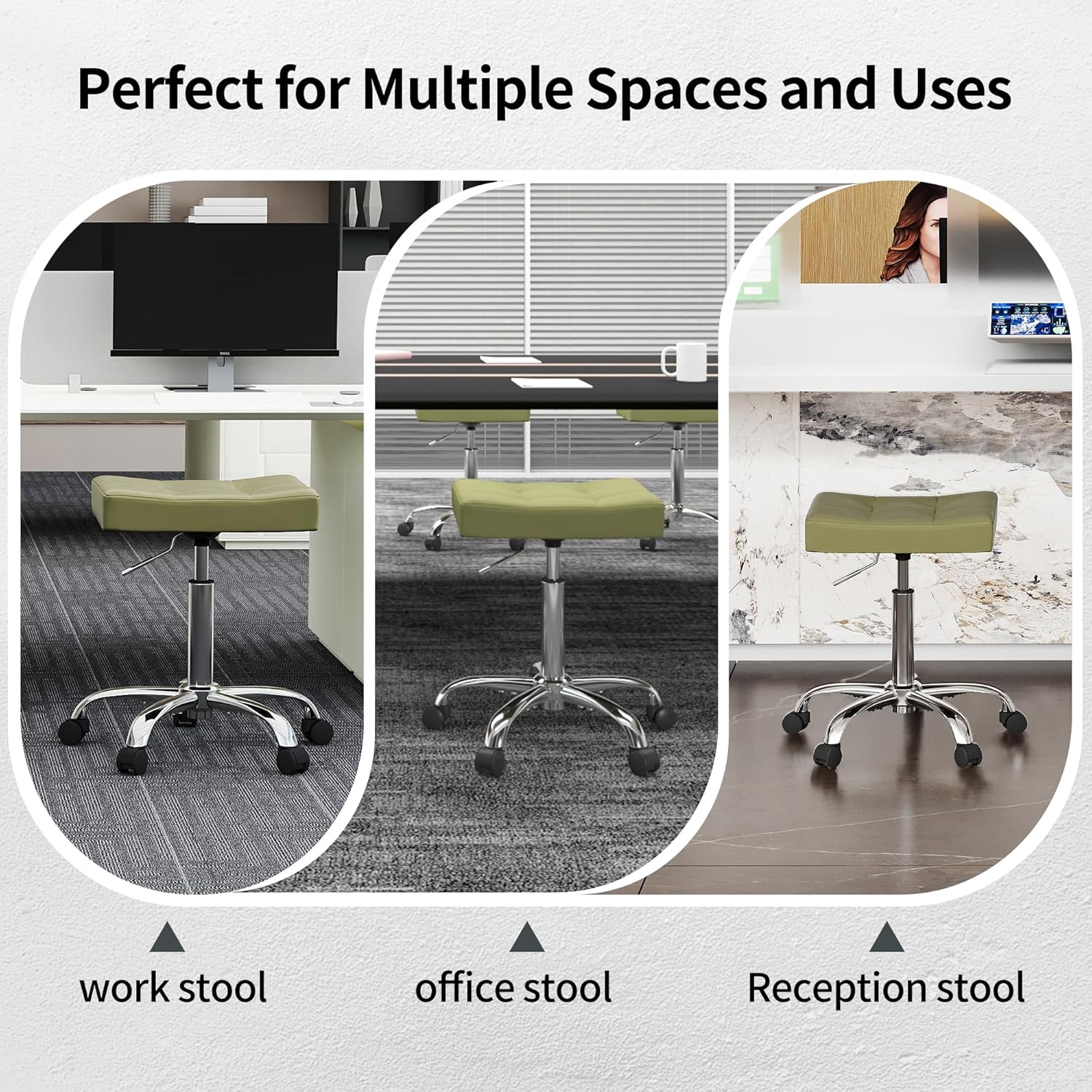 Adjustable Work Stool with Wheels (300lbs Capacity) (Saddle Shaped Seat) Faux Leather Workbench Stool (Green)