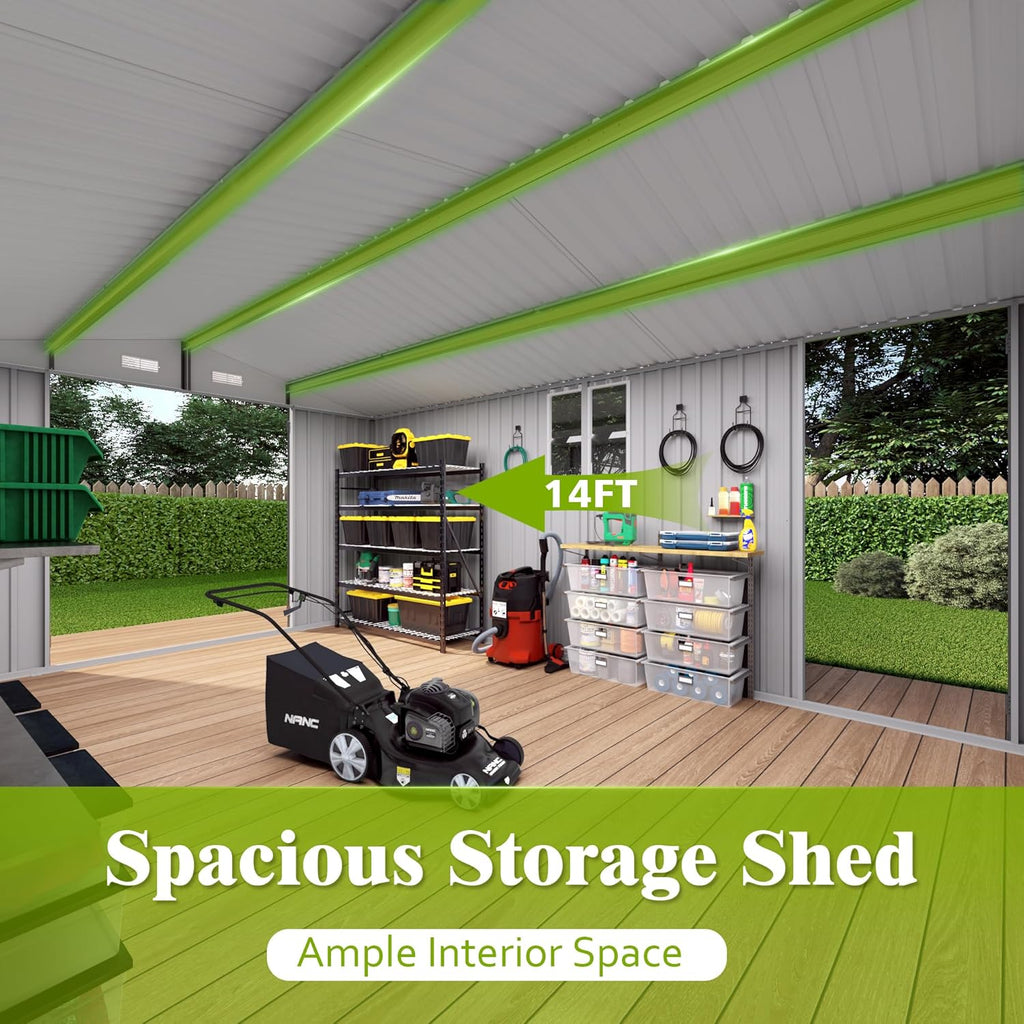 10X14 FT Outdoor Storage Shed with Window, Metal Sheds & Outdoor Storage with 3 Lockable Door and 4 Vents, Outside Storage Shed Waterproof for Backyard, Garden, Patio, Gray