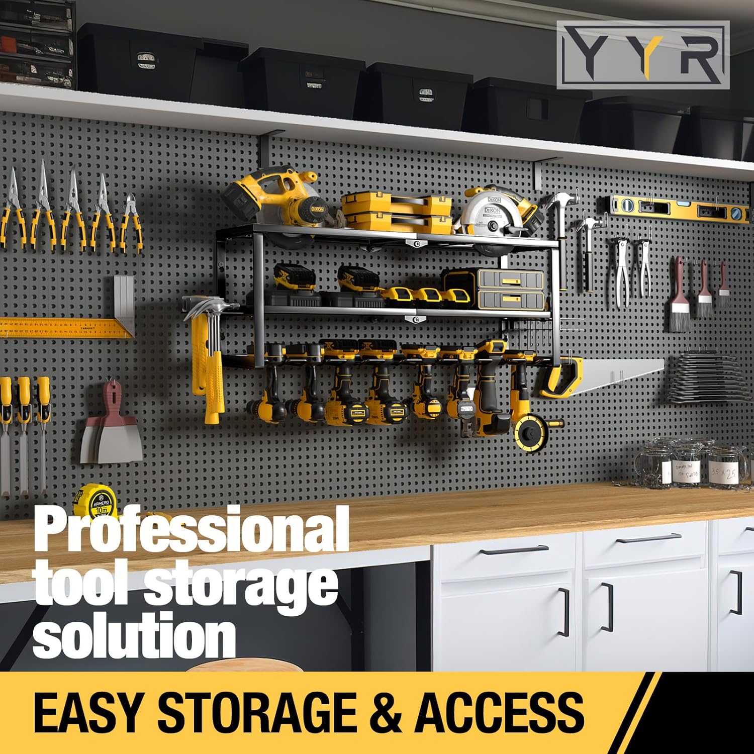 YYR Heavy Duty Power Tool Organizer Wall Mount, Cordless Drill Hanger Storage Rack, Battery Tools Holder with Charging Station Shelf for Garage Organization, Workshop, Pegboard, Shed - 32 Inch 8 Slots