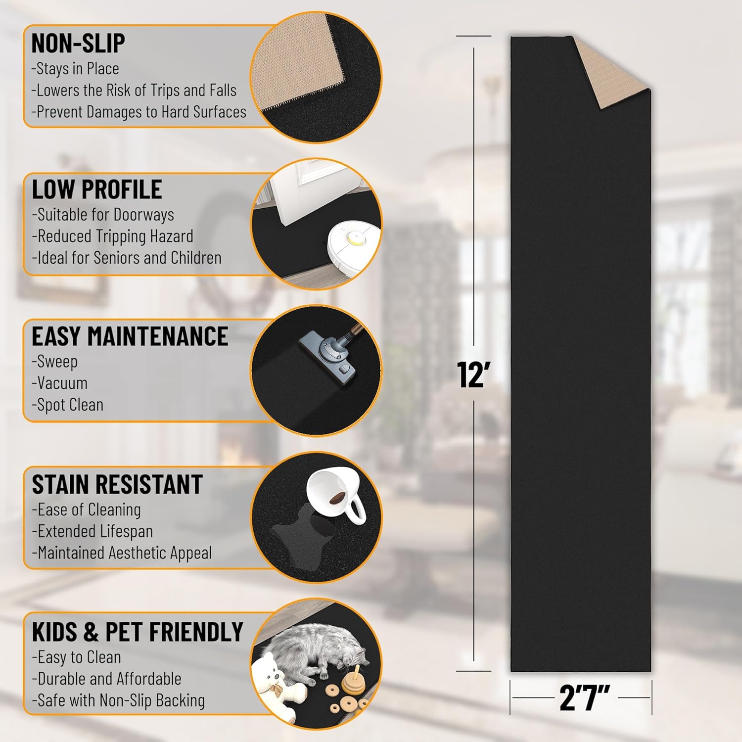 Ottomanson Hallway Runner Rug 2'7" x 12' Non Slip Solid Area Rugs Easy to Clean Laundry Rug Runner Durable & Pet Friendly Floor Carpet Runners for Hallways Entryway Living Room Kitchen, Black