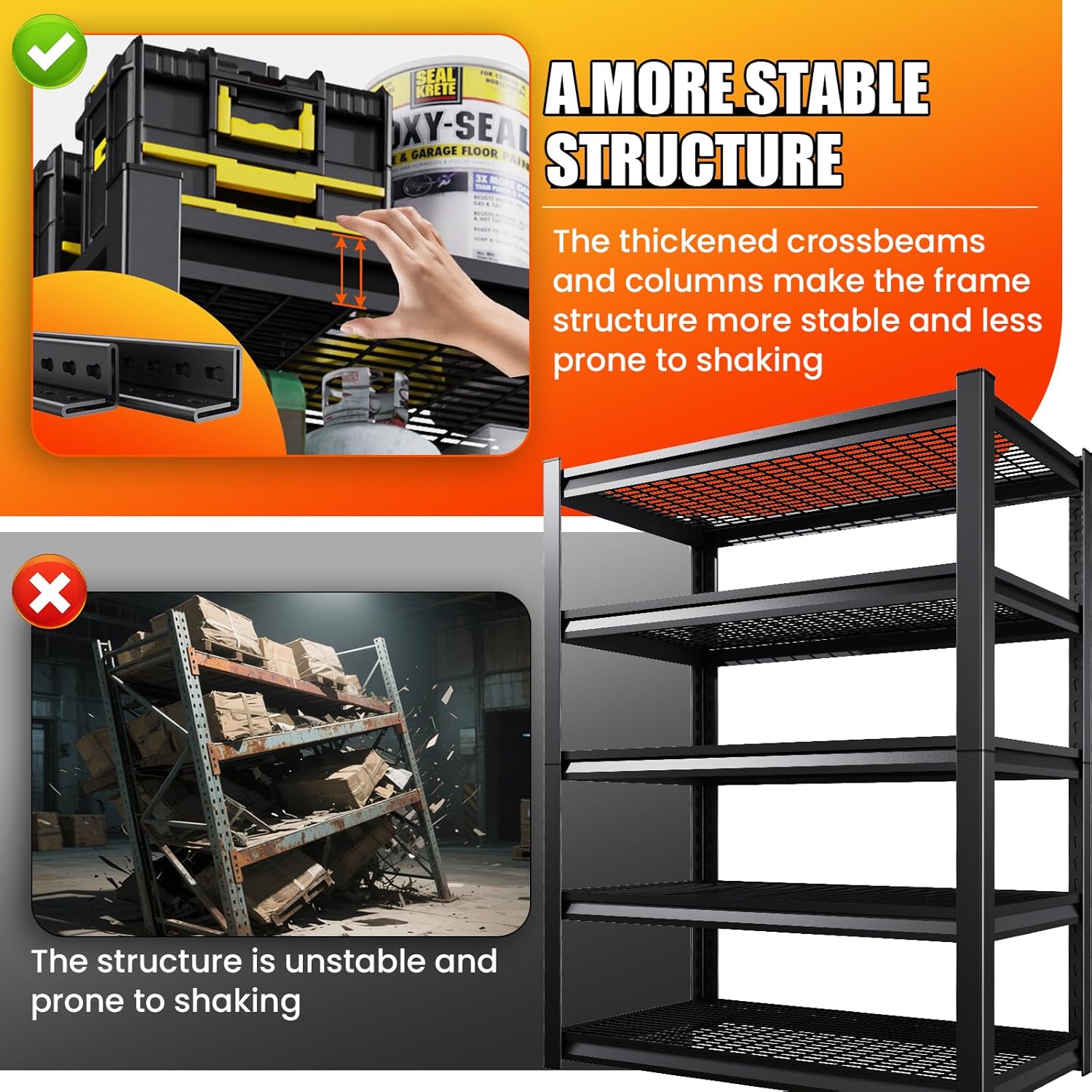 Large Garage Shelving, 5-Tier Garage Storage Shelves 3000LBS Heavy Duty Shelving Unit, Adjustable Steel Metal Shelving, Wire Shelves for Garag, Utility Rack Shelf for Basement, 72 ”H×45.7”W×19.7”D