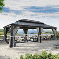 Aoxun 14' X 24' Hardtop Gazebo with Drainage System, Aluminum Outdoor Gazebo with Galvanized Steel Double Roof, Patio Permanent Metal Pavilion with Netting, for Garden, Deck, Grey