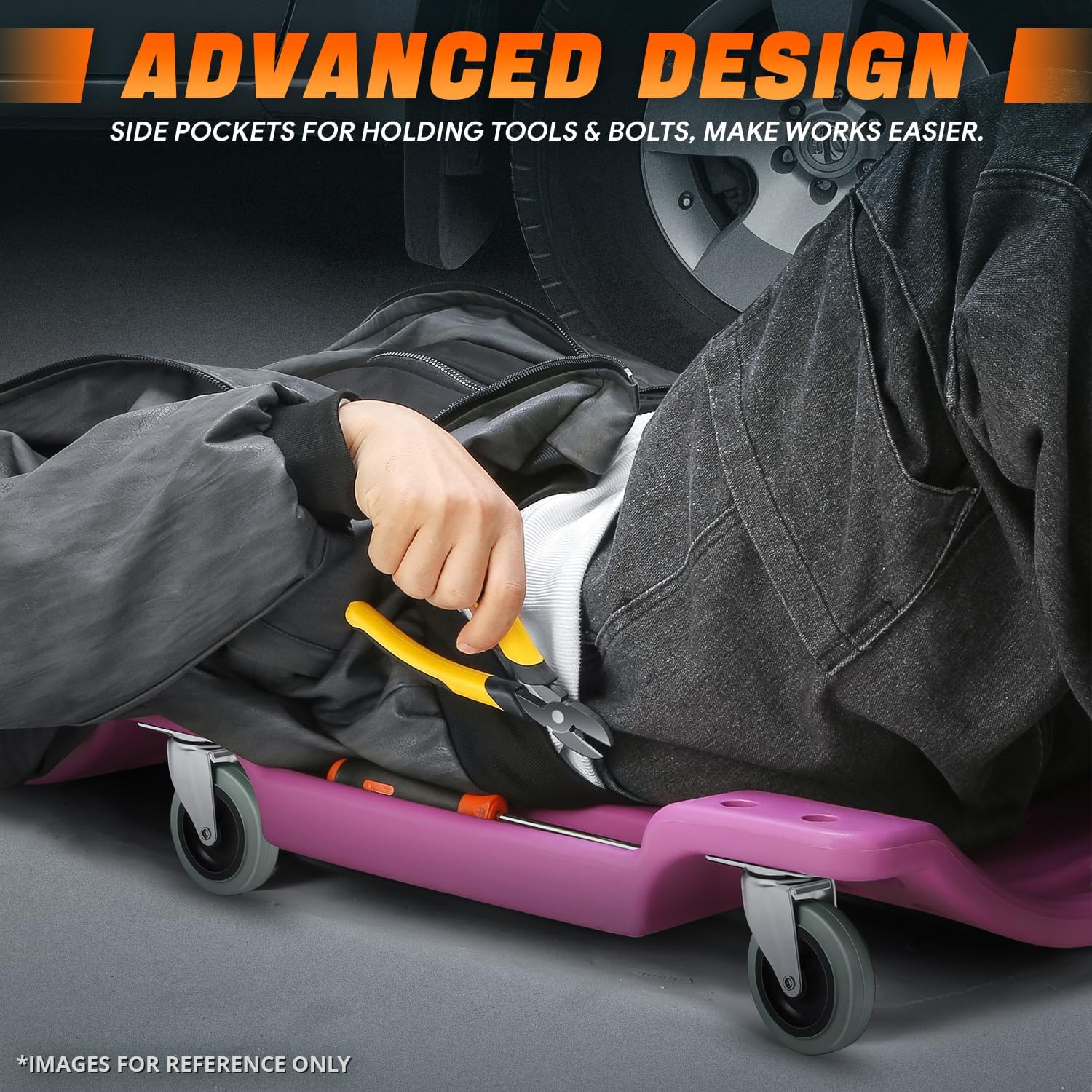 DNA MOTORING 40" L X 19" W Vehicle Repair Low Profile Plastic Rolling Garage Shop Creeper with Padded Headrest,Tool Trays & 6pcs Casters, Purple, TOOLS-00217-PR