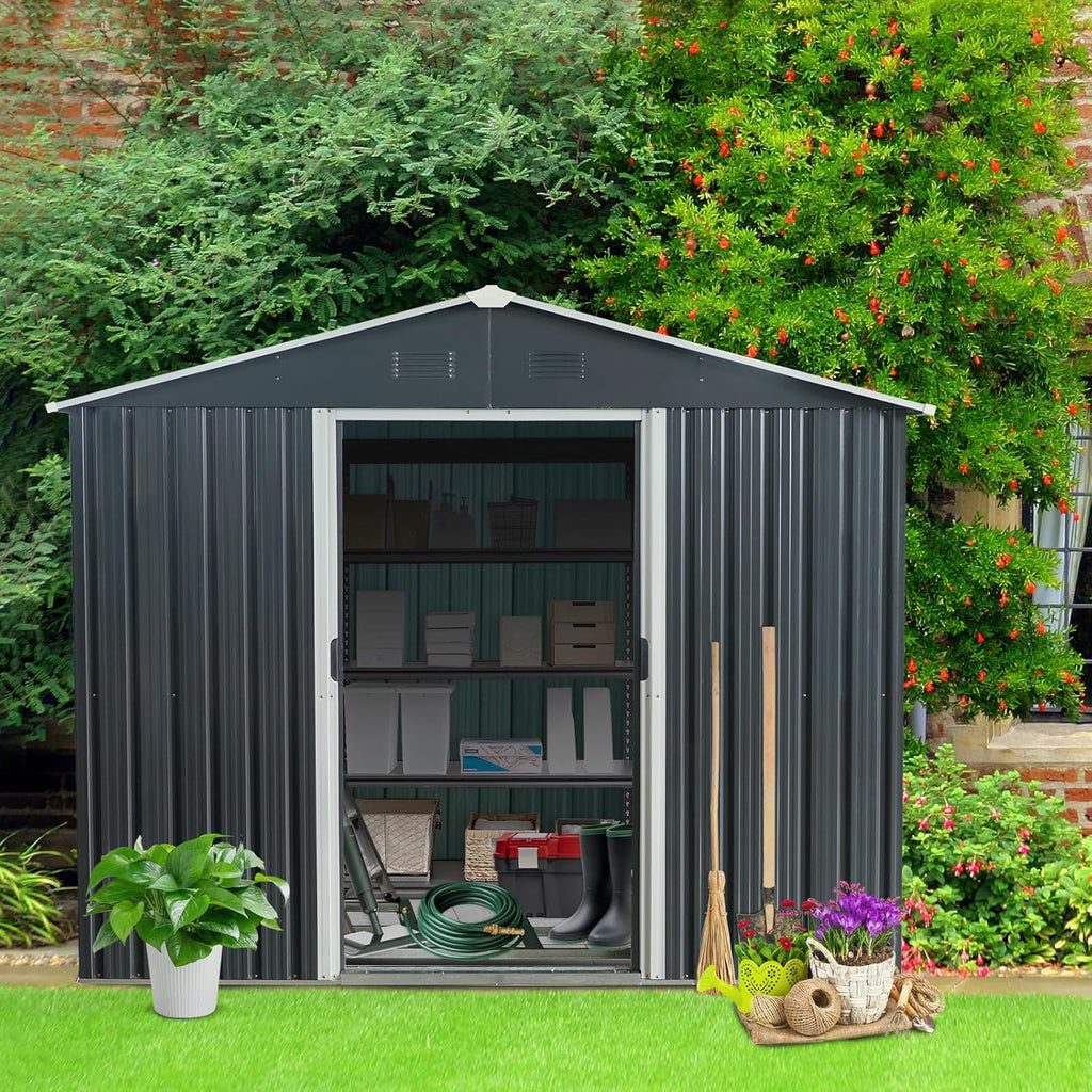 8x10 FT Outdoor Storage Shed, Metal Garden Shed with Frame Floor, Outside Tool Shed with Lockable Sliding Doors, Waterproof Storage Building with Sloped Roof for Backyard, Patio, Lawn, Black