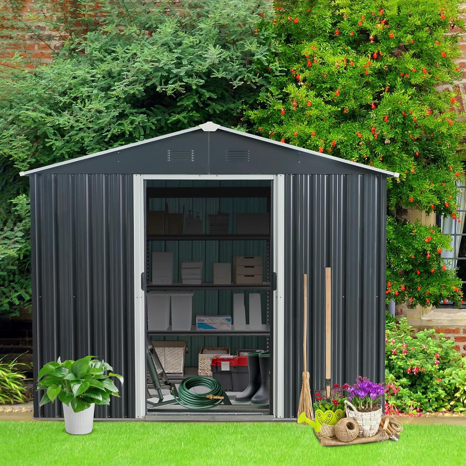 8x10 FT Outdoor Storage Shed, Metal Garden Shed with Frame Floor, Outside Tool Shed with Lockable Sliding Doors, Waterproof Storage Building with Sloped Roof for Backyard, Patio, Lawn, Black