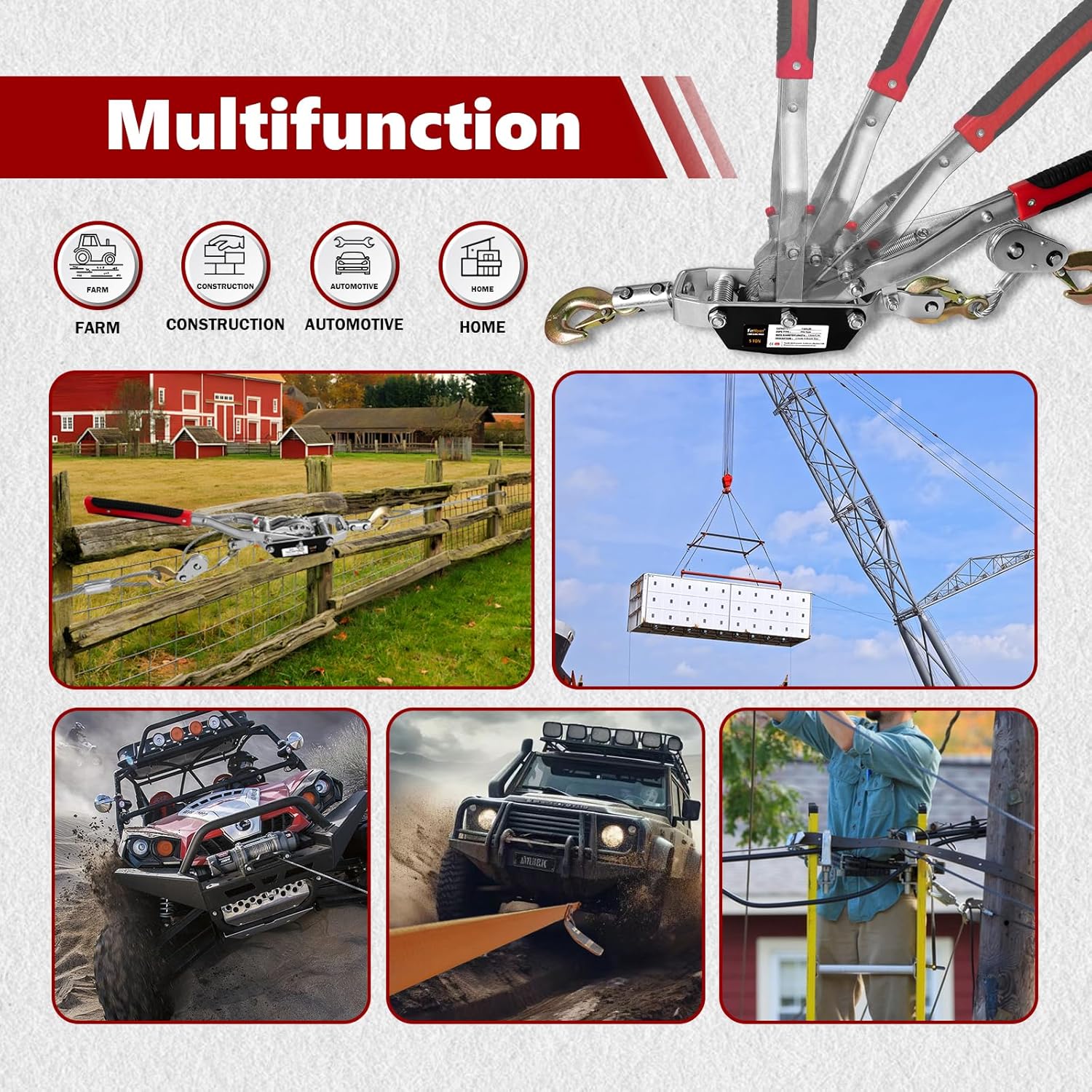 Come Along Winch 5T Pulling Capacity 11.5FT Steel Cable 3 Hooks Heavy Duty Power Cable Come Along Tool with Dual Gears Automotive Hoist Cable Puller Ideal for Vehicle Rescue