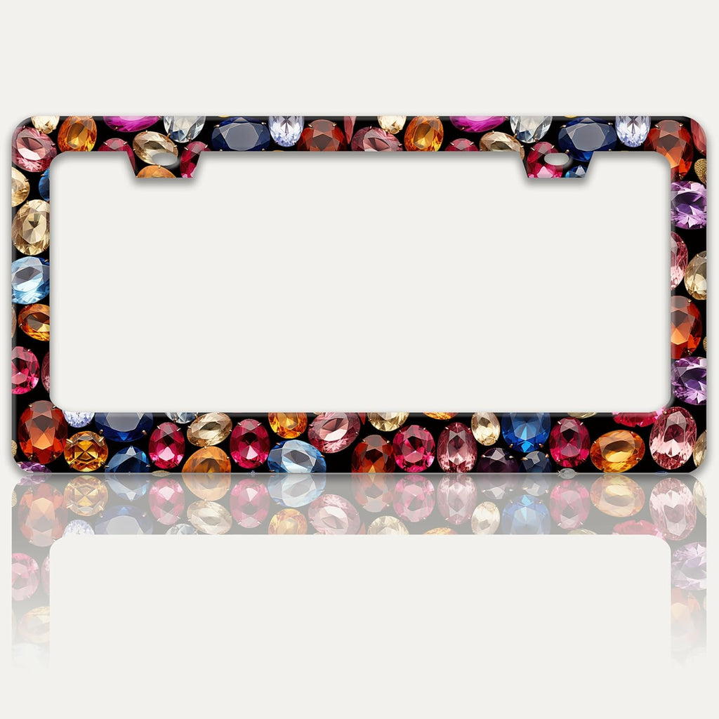 Beautiful Gemstone Pattern License Plate Frame Bling License Plate Holders Funny Stainless Steel Auto Accessory Bracket 2 Hole With Screws Universal Us Car License Plate Frames 6x12 Inch For Women Men