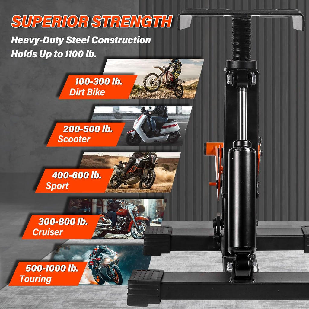 Adjustable Dirt Bike Stand & Powersport Jack 1000LBS Capacity, Heavy Duty Hydraulic Motorcycle Lift Stand & Center Stand for Maintenance, Dirt Bike Accessories for Garage & Shop (New-Orange)