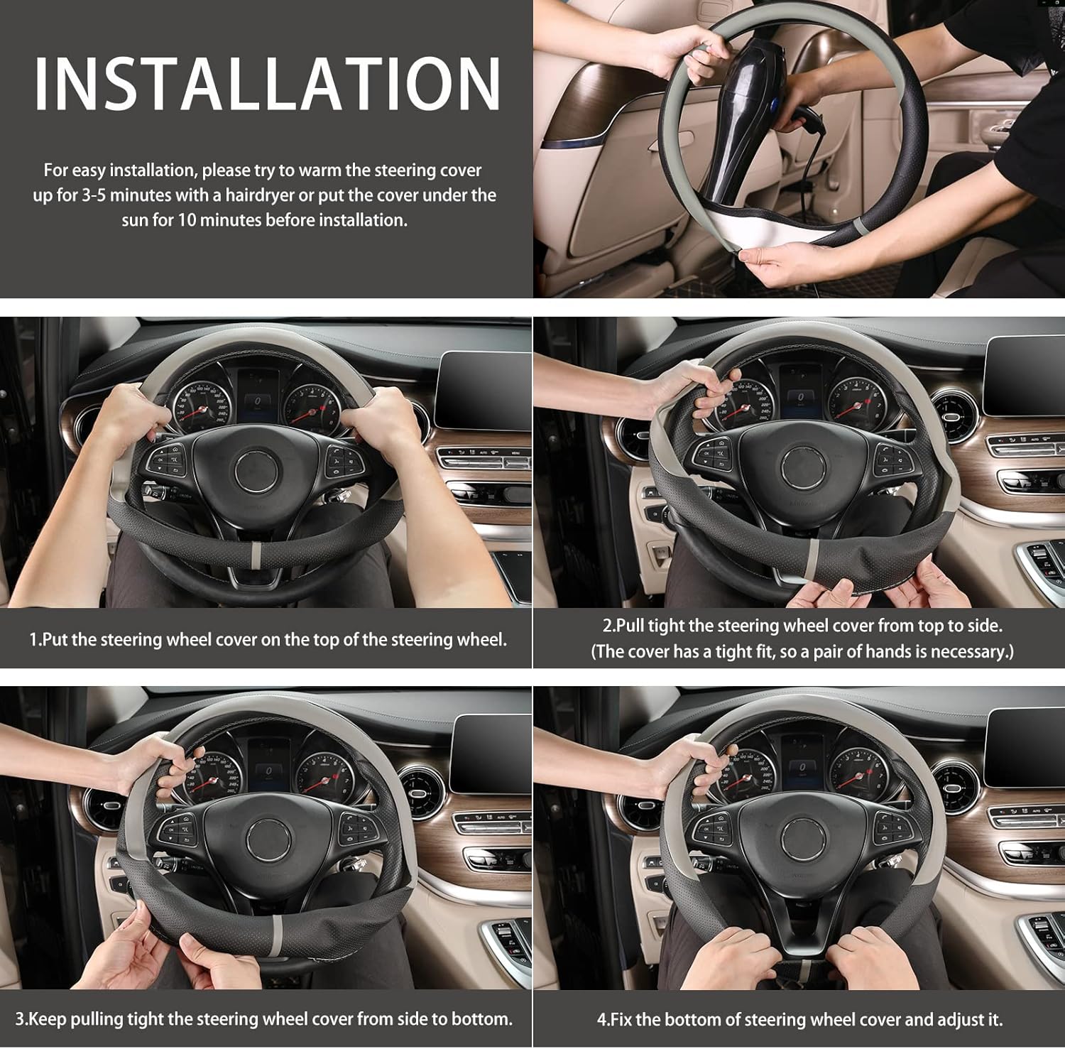 COFIT Breathable Car Steering Wheel Cover 16 inch Auto Universal Leather Wrap Non-Slip Steeringwheel Protector Automotive Interior Accessories, Grey (Suit for 15.5-16 inch)